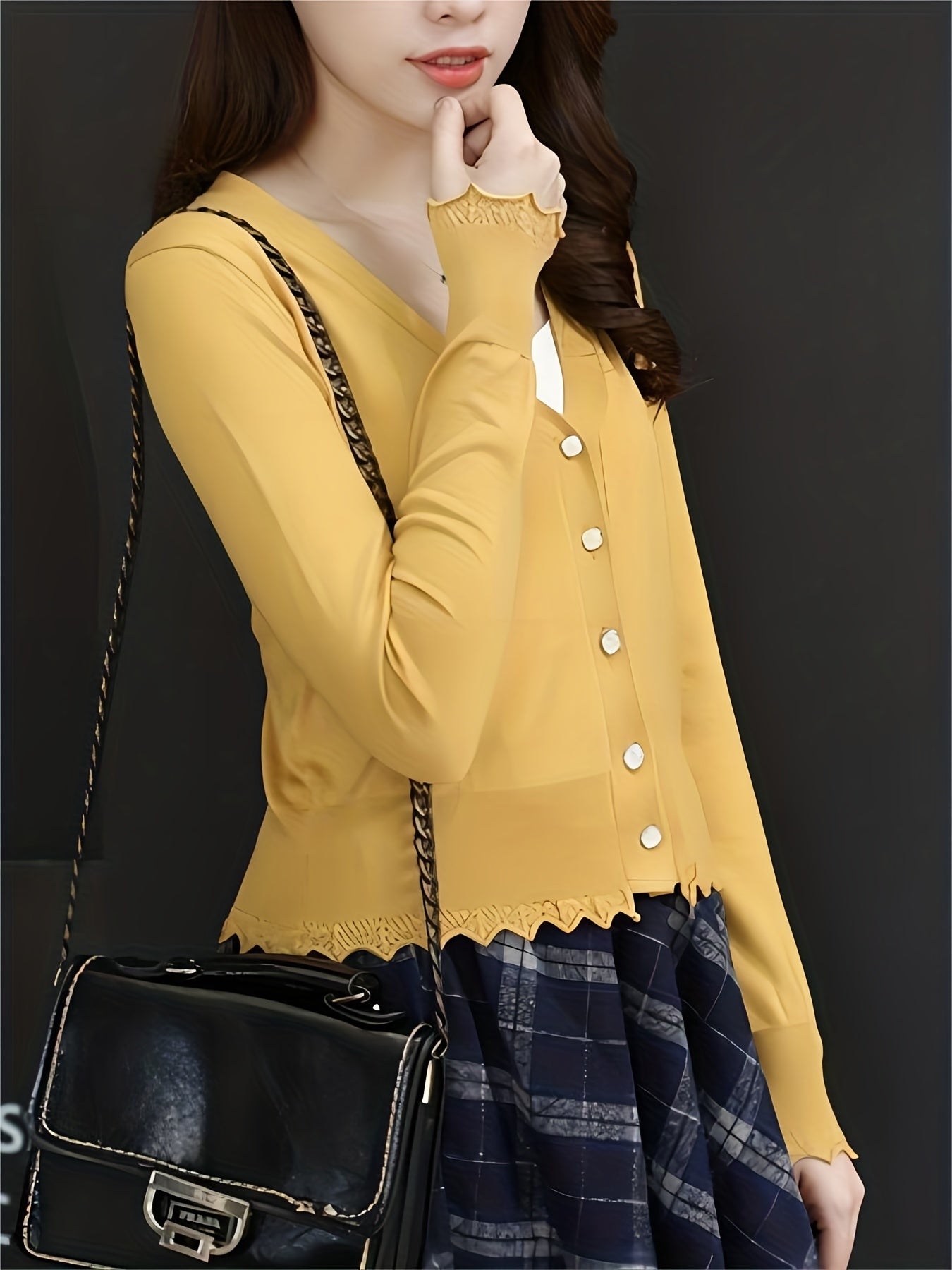 Sixsr Button Front Lettuce Trim Knit Cardigan, Casual Solid V Neck Long Sleeve Sweater For Spring & Summer, Women's Clothing