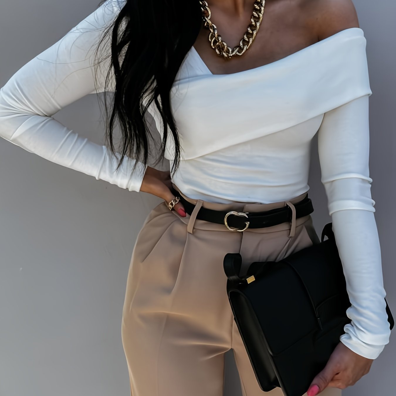 Sixsr One Shoulder Skinny Top, Stretchy Long Sleeve Asymmetrical Neck Solid Top, Casual Every Day Tops, Women's Clothing