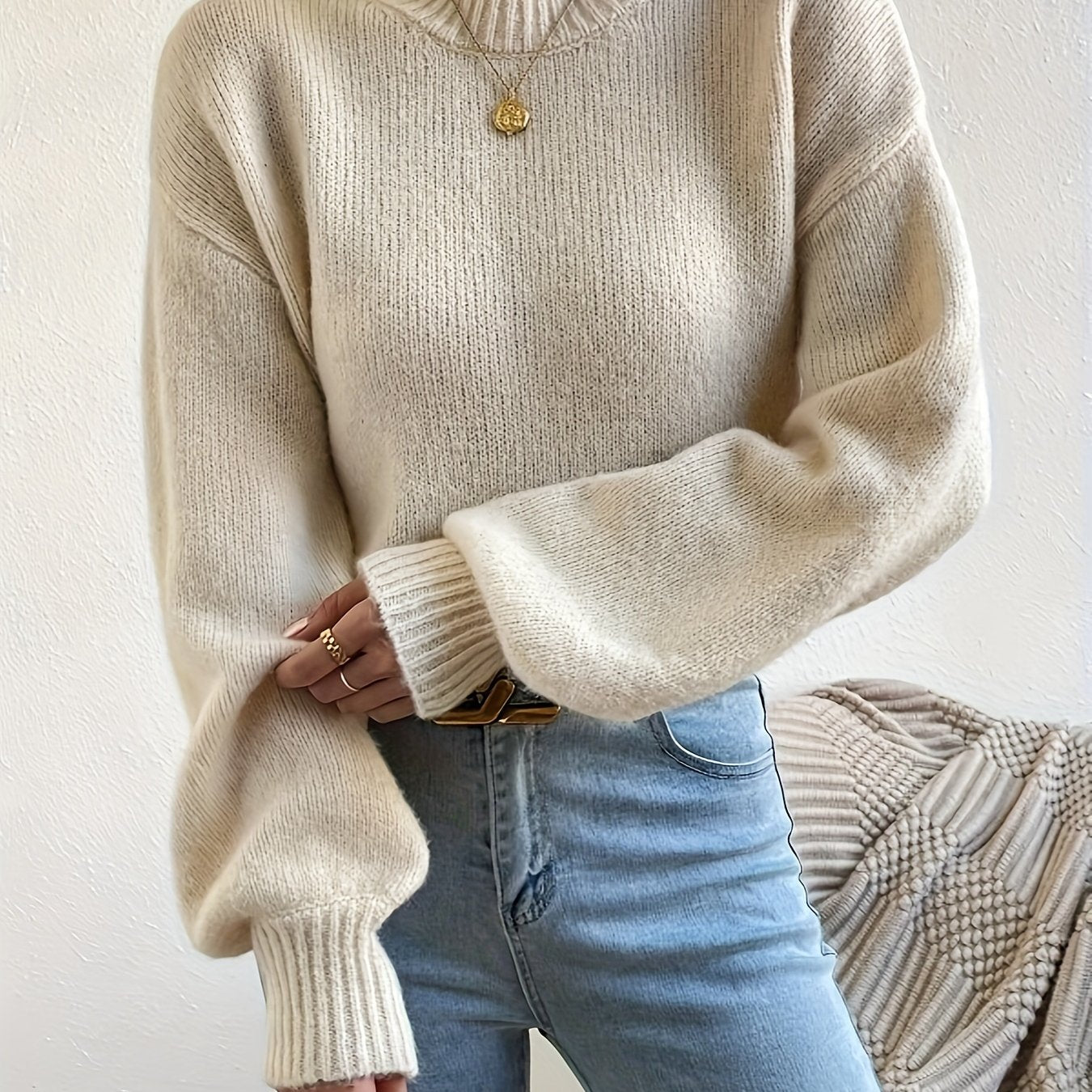 Sixsr Solid Crew Neck Pullover Sweater, Casual Long Sleeve Sweater For Fall & Winter, Women's Clothing