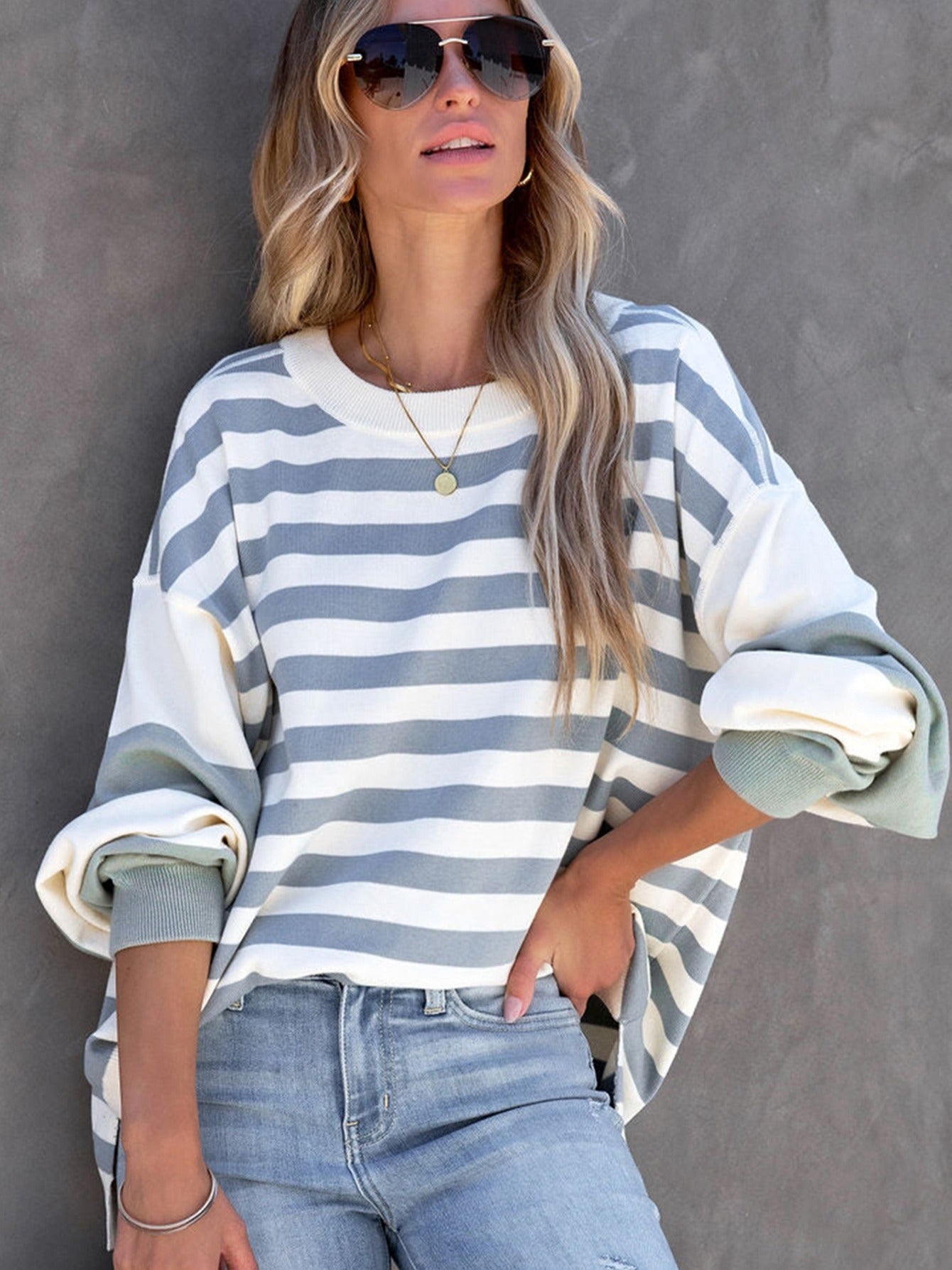 Sixsr Striped Drop Shoulder Pullover, Crew Neck Long Sleeve Sweatshirt For Fall & Winter, Women's Clothing