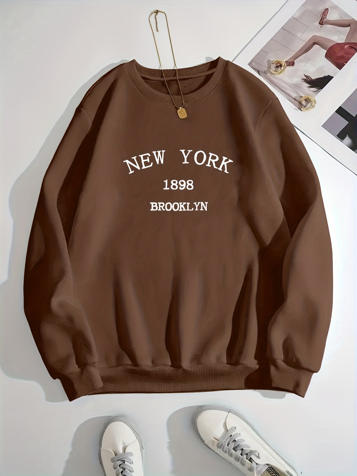 Sixsr New York Brooklyn Print Loose Sweatshirt, Casual Long Sleeve Crew Neck Sweatshirt, Women's Clothing