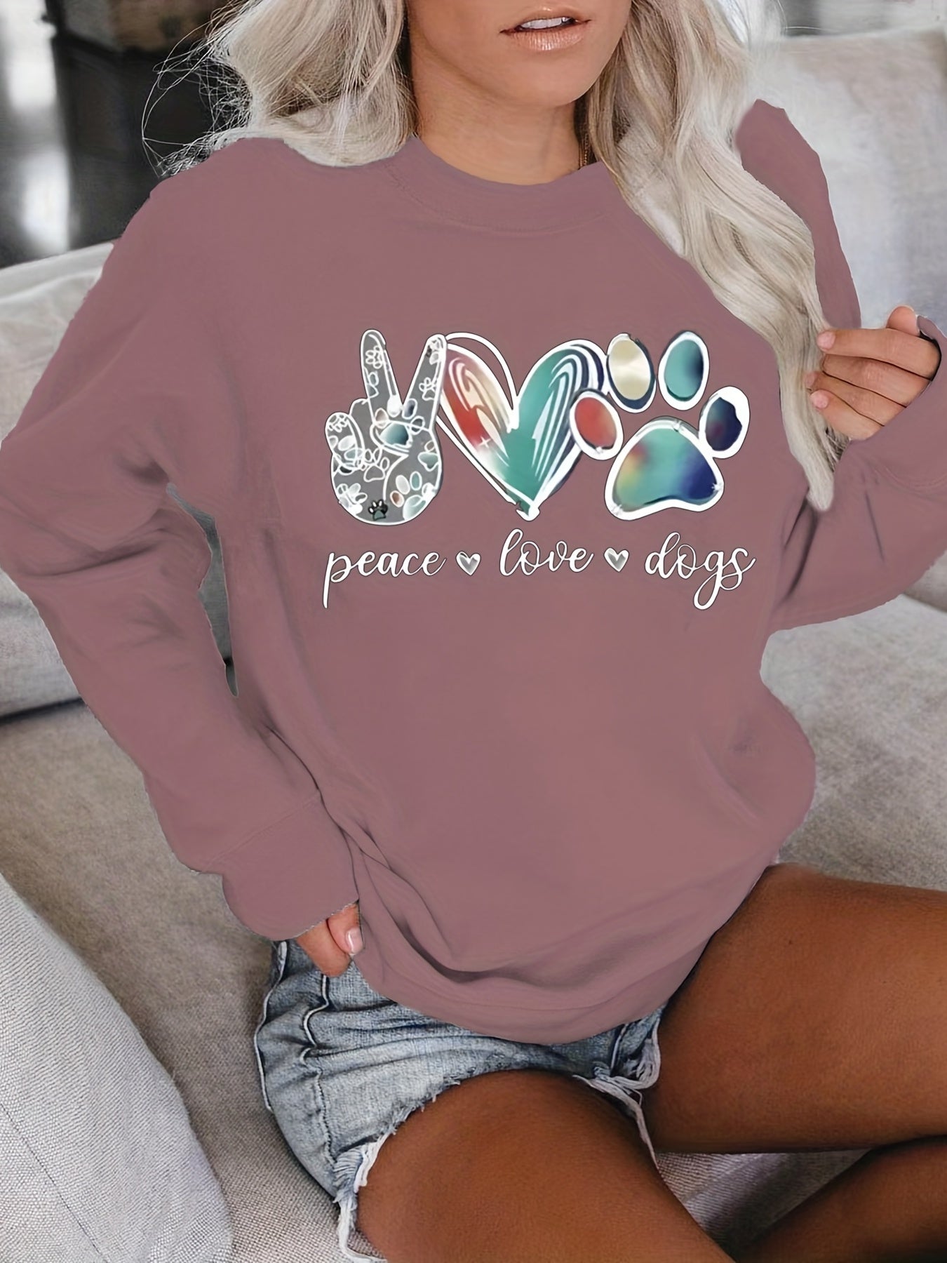 Sixsr Plus Size Casual Sweatshirt, Women's Plus Art Letter & Heart & Paw & Hand Print Long Sleeve Round Neck Slight Stretch Sweatshirt