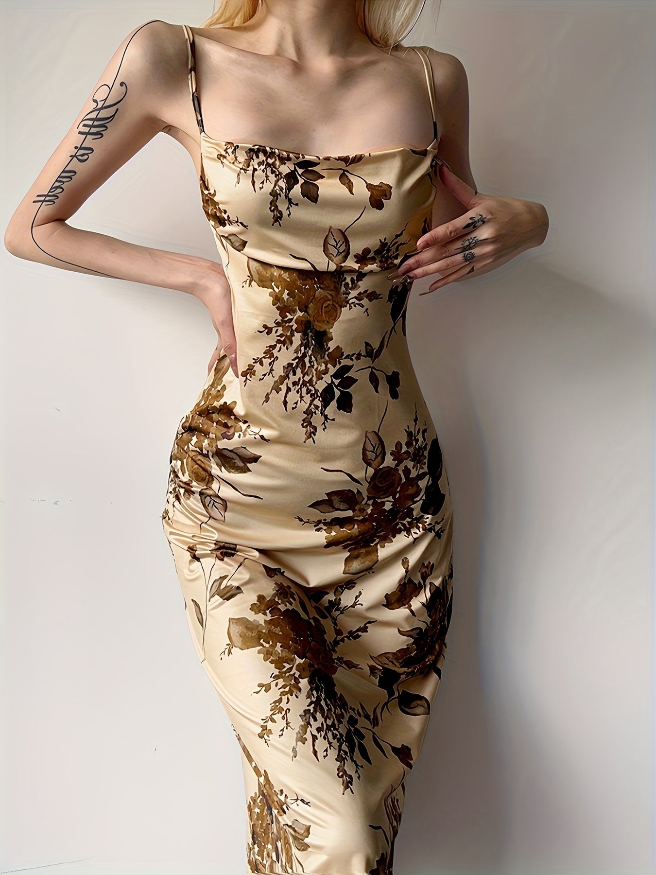 Sixsr Floral Print Spaghetti Strap Dress, Chic Backless Slim Dress, Women's Clothing