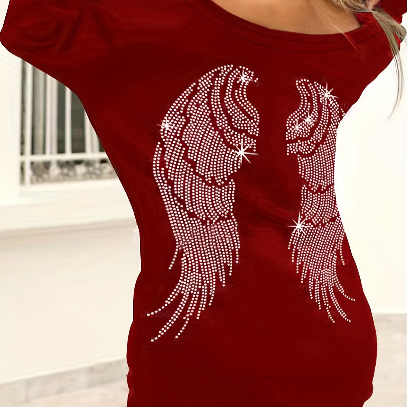 Sixsr Wings Print Off Shoulder Elegant Dress, Long Sleeve Bag Hip Mini Dress, Women's Clothing