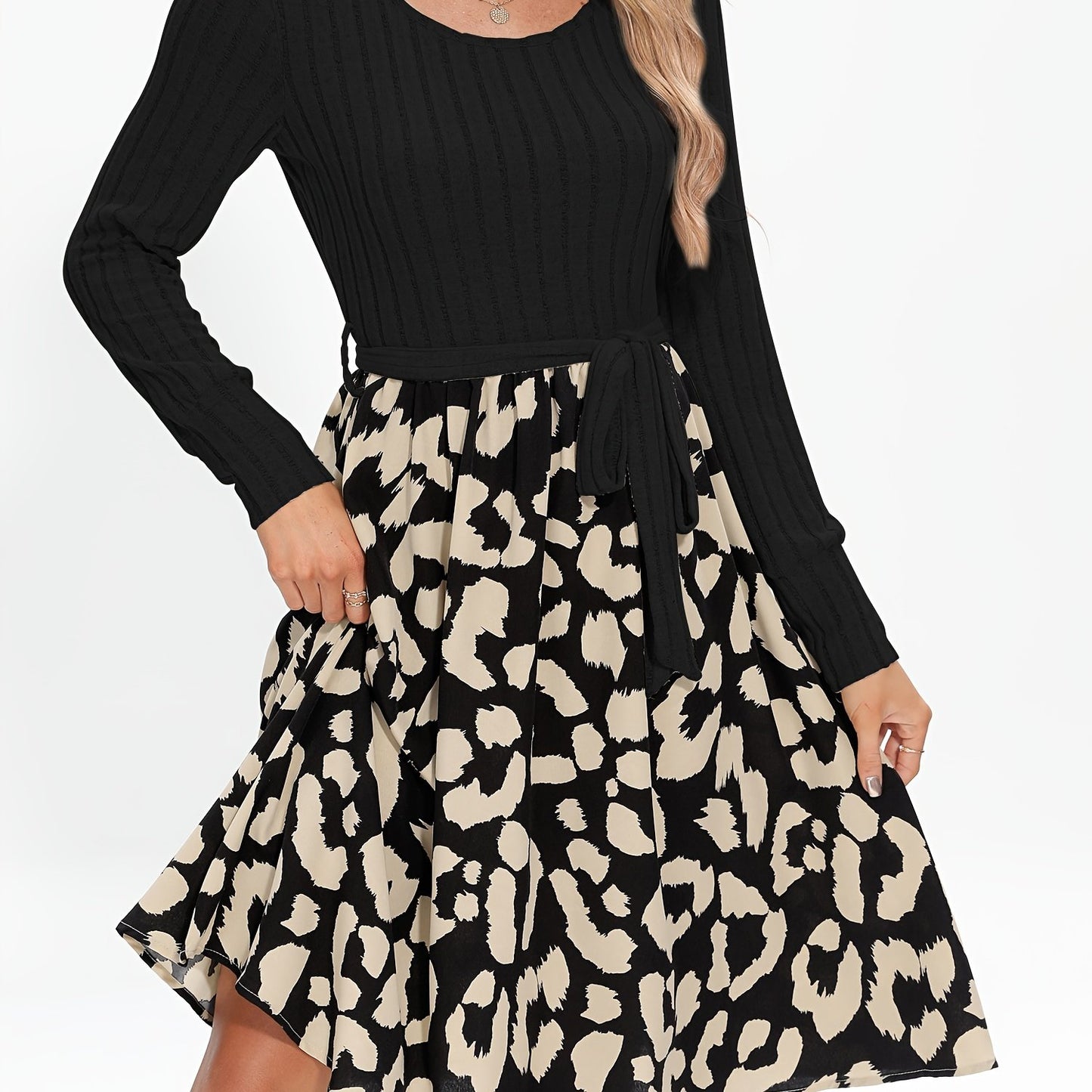 Sixsr Leopard Print Splicing Dress, Elegant Crew Neck Long Sleeve Dress, Women's Clothing