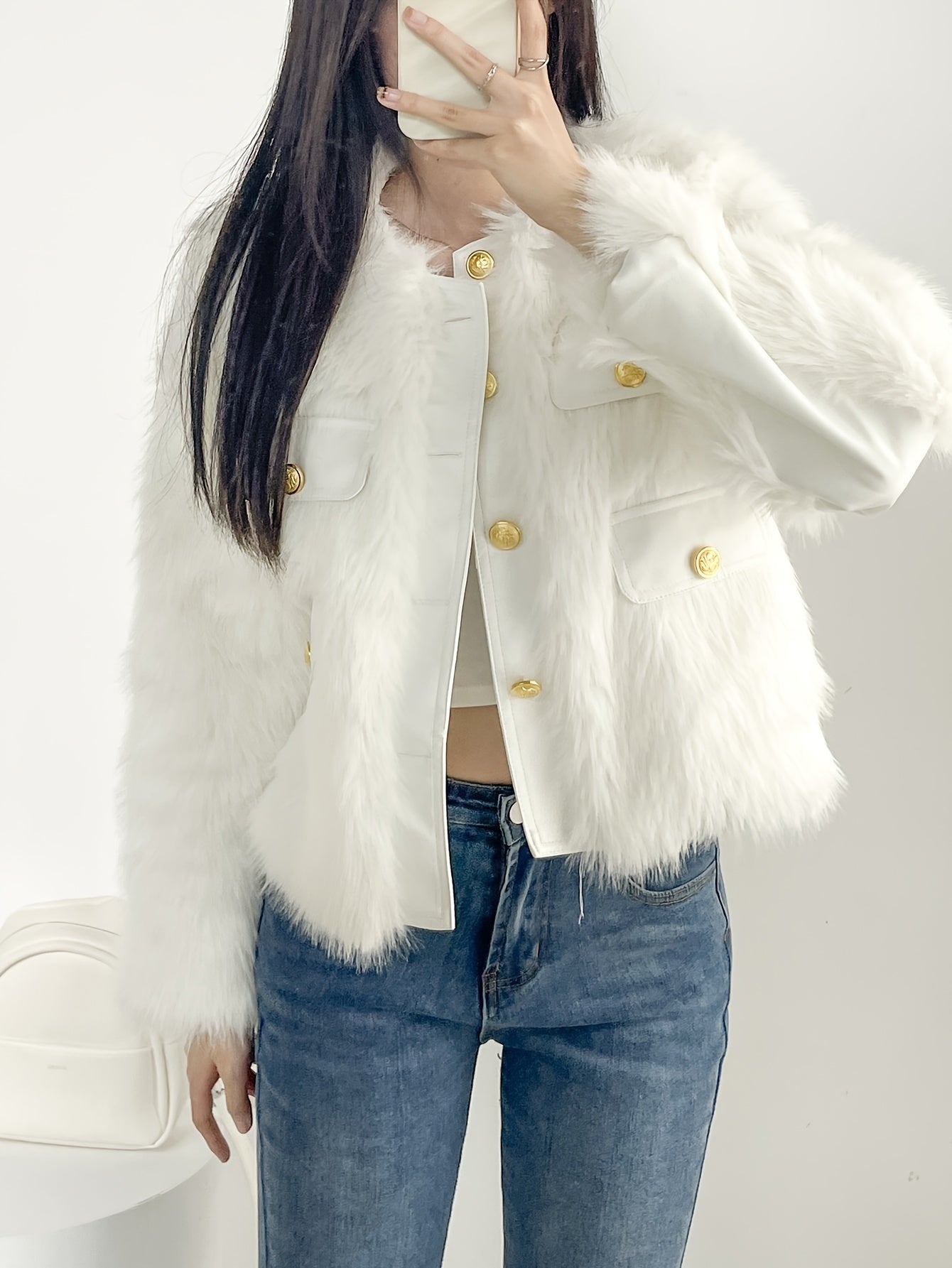 Sixsr Button Front Faux Fur Coat, Elegant Long Sleeve Coat For Fall & Winter, Women's Clothing
