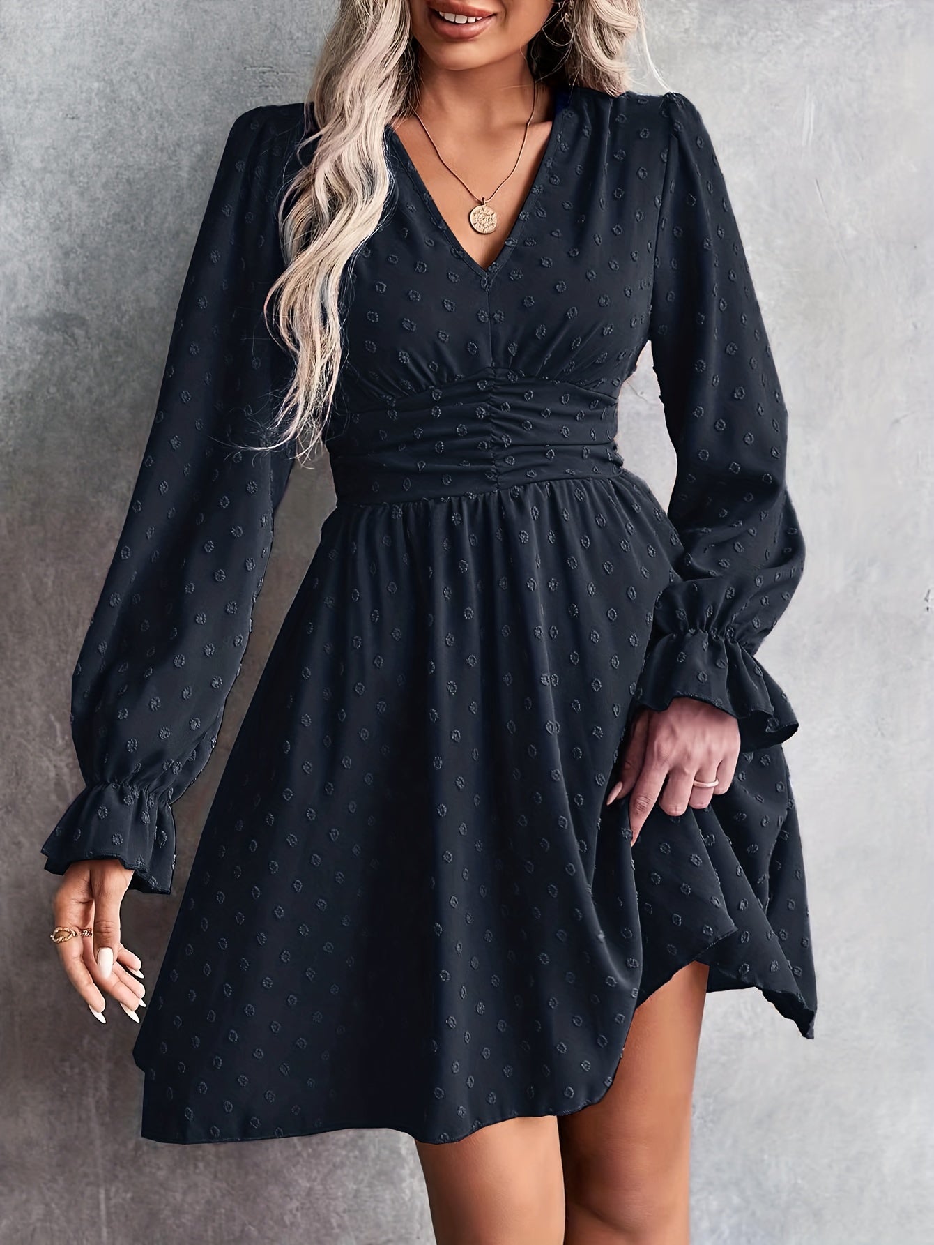 Sixsr Swiss Dot V Neck Dress, Casual Cinched Waist Long Sleeve Dress, Women's Clothing