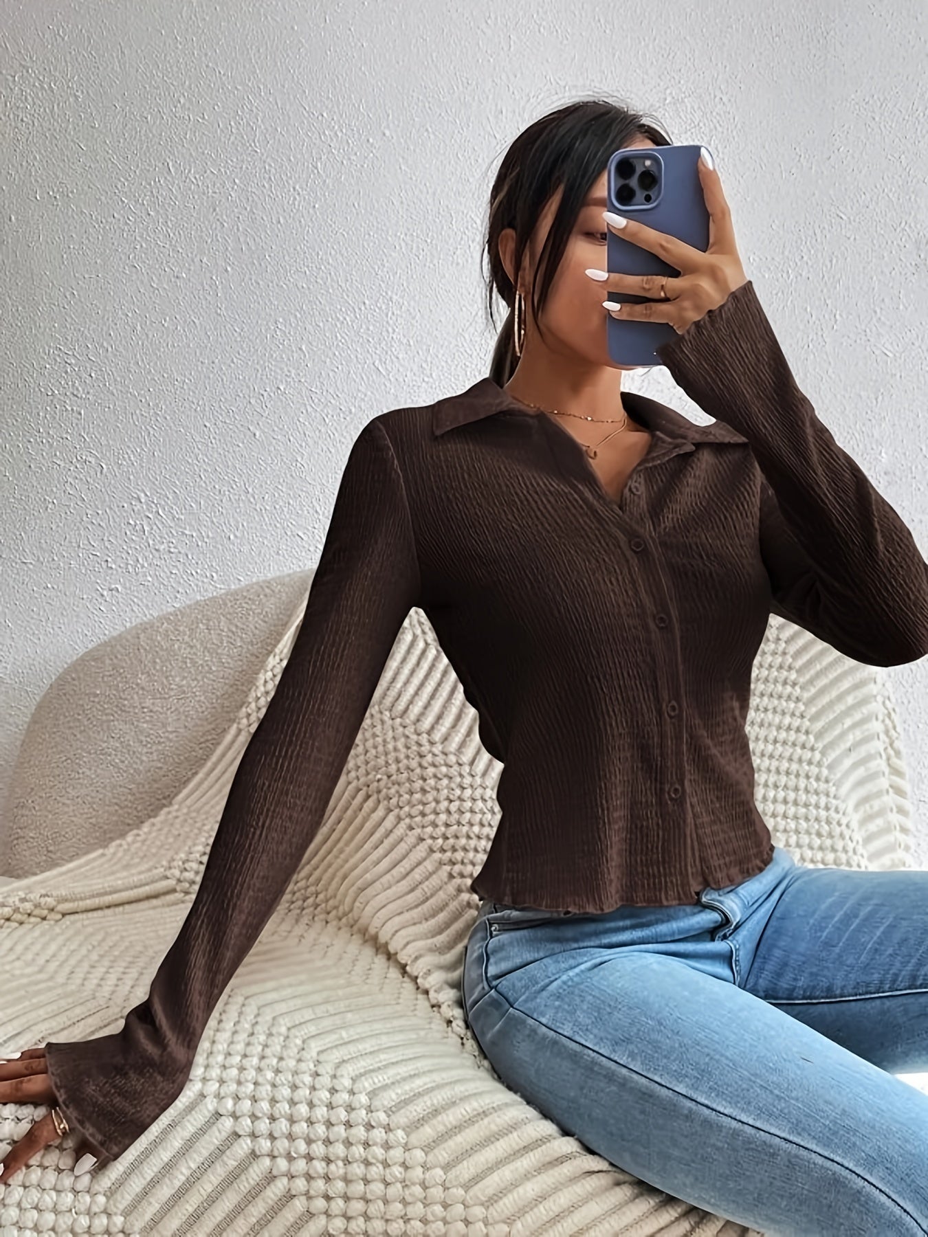 Sixsr Textured Button Front Collared Blouse, Casual Long Sleeve Top For Spring & Fall, Women's Clothing