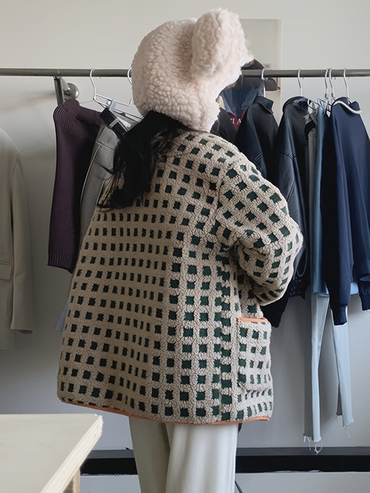 Sixsr Plaid Pattern Button Front Faux Fur Coat, Casual Long Sleeve Outwear For Fall & Winter, Women's Clothing