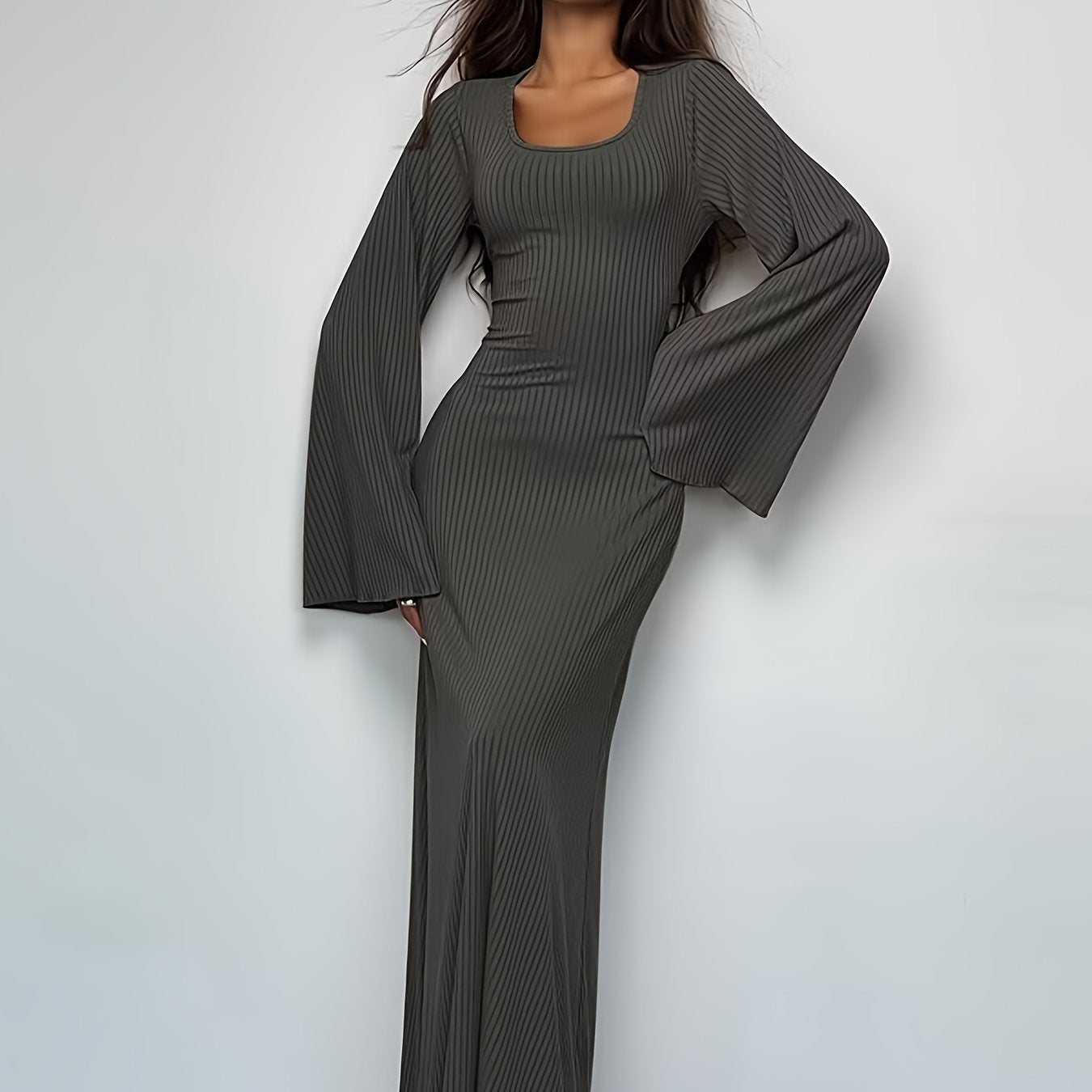 Sixsr Solid Flared Long Sleeve Dress, Casual Squared Neck Maxi Dress, Women's Clothing