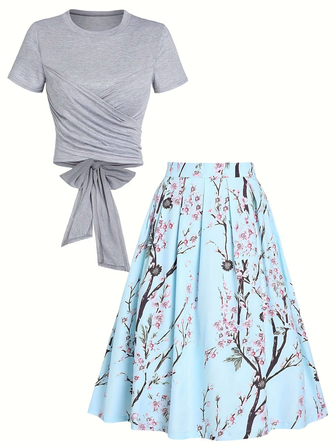 Women's Elegant Spring & Summer Two-piece Set - Floral Print Pleated Skirt & Knotted Short Sleeve Tee Outfit