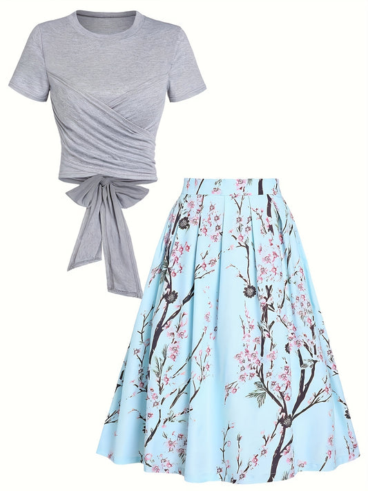 Women's Elegant Spring & Summer Two-piece Set - Floral Print Pleated Skirt & Knotted Short Sleeve Tee Outfit