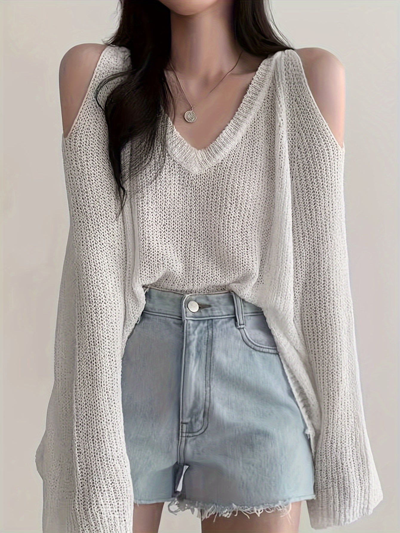 Sixsr Solid V Neck Thin Pullover Sweater, Casual Cold Shoulder Long Sleeve Loose Sweater, Women's Clothing