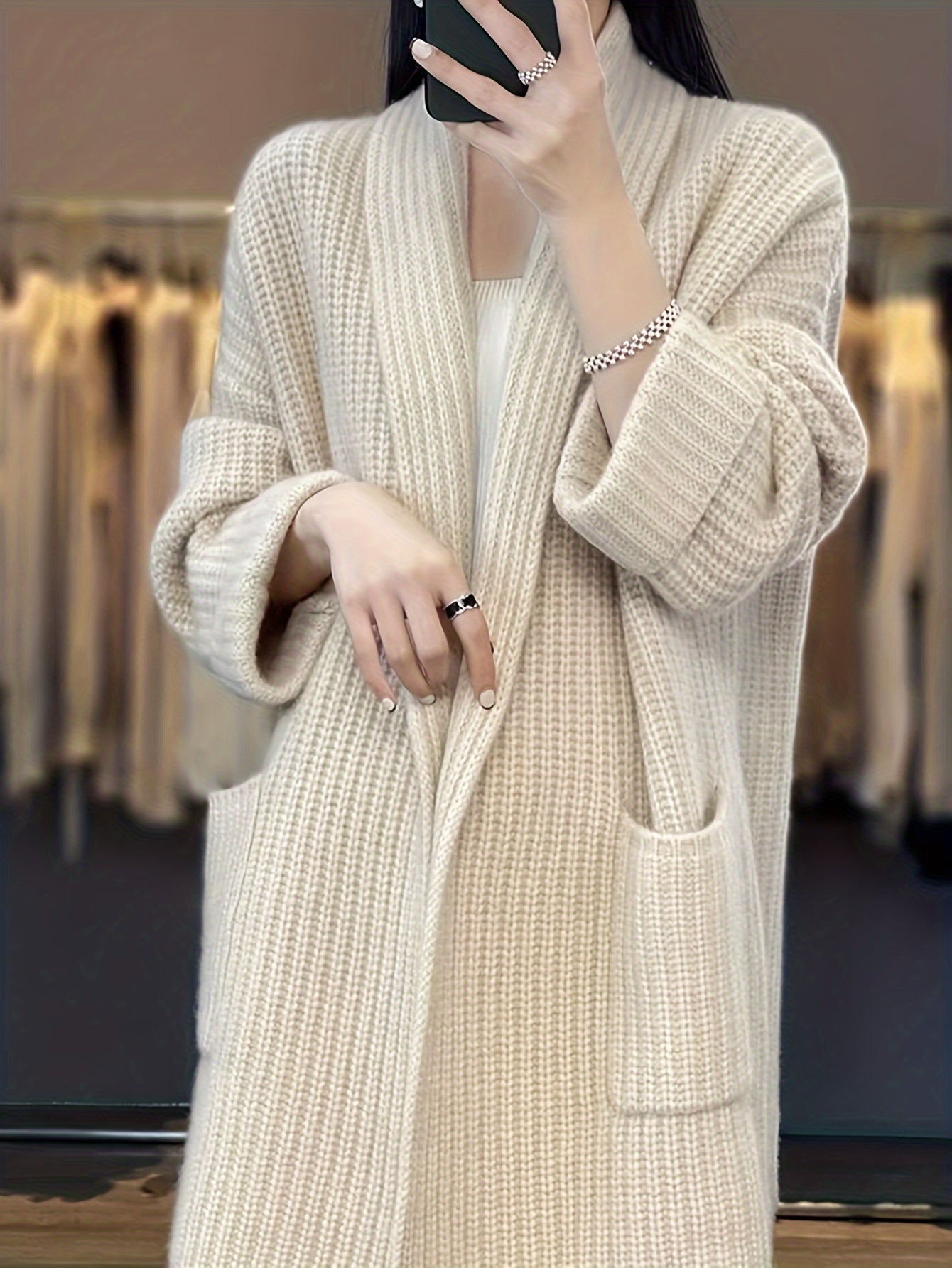 Sixsr Solid Open Front Knit Cardigan, Casual Long Sleeve Oversized Sweater Coat With Pocket, Women's Clothing