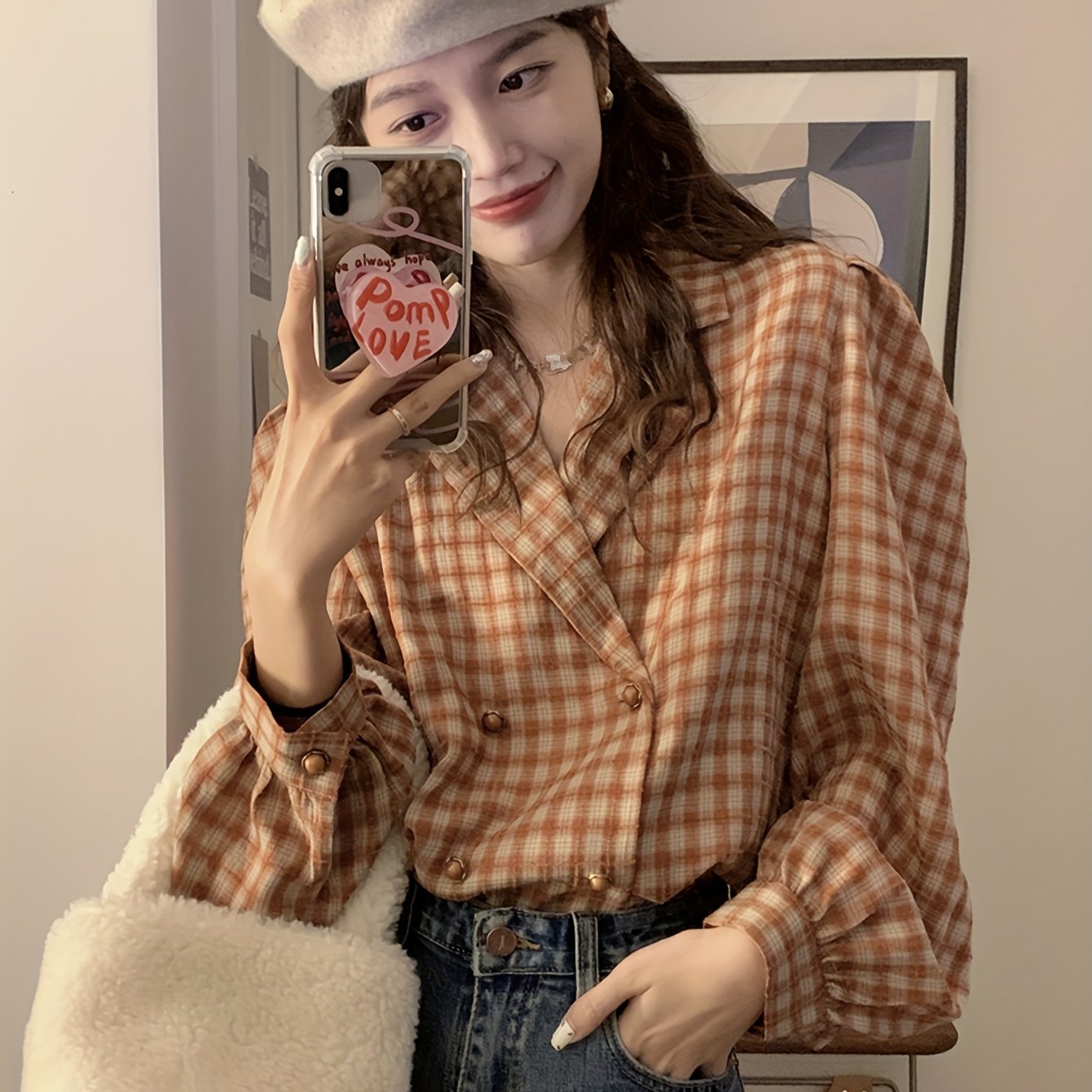 Sixsr Plaid Print Double-breasted Blouse, Elegant Puff Sleeve Notch Collar Blouse, Women's Clothing