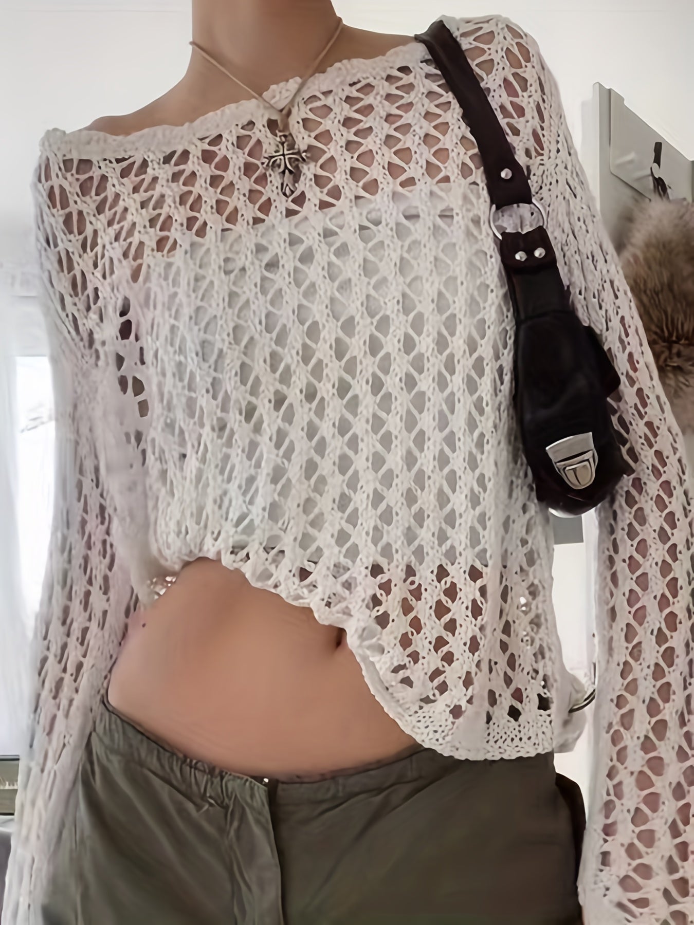 Sixsr Crochet Beach Wear Knit Sweater, Vacation Solid Crew Neck Long Sleeve Summer Sweater, Women's Clothing