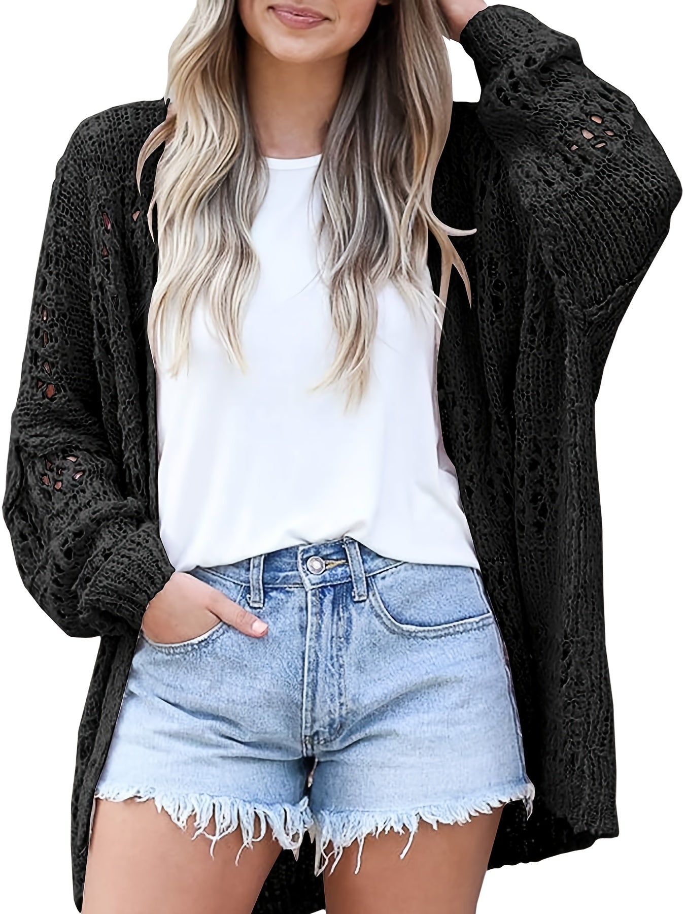 Sixsr Open Front Drop Shoulder Cardigan, Casual Long Sleeve Cardigan For Fall & Winter, Women's Clothing