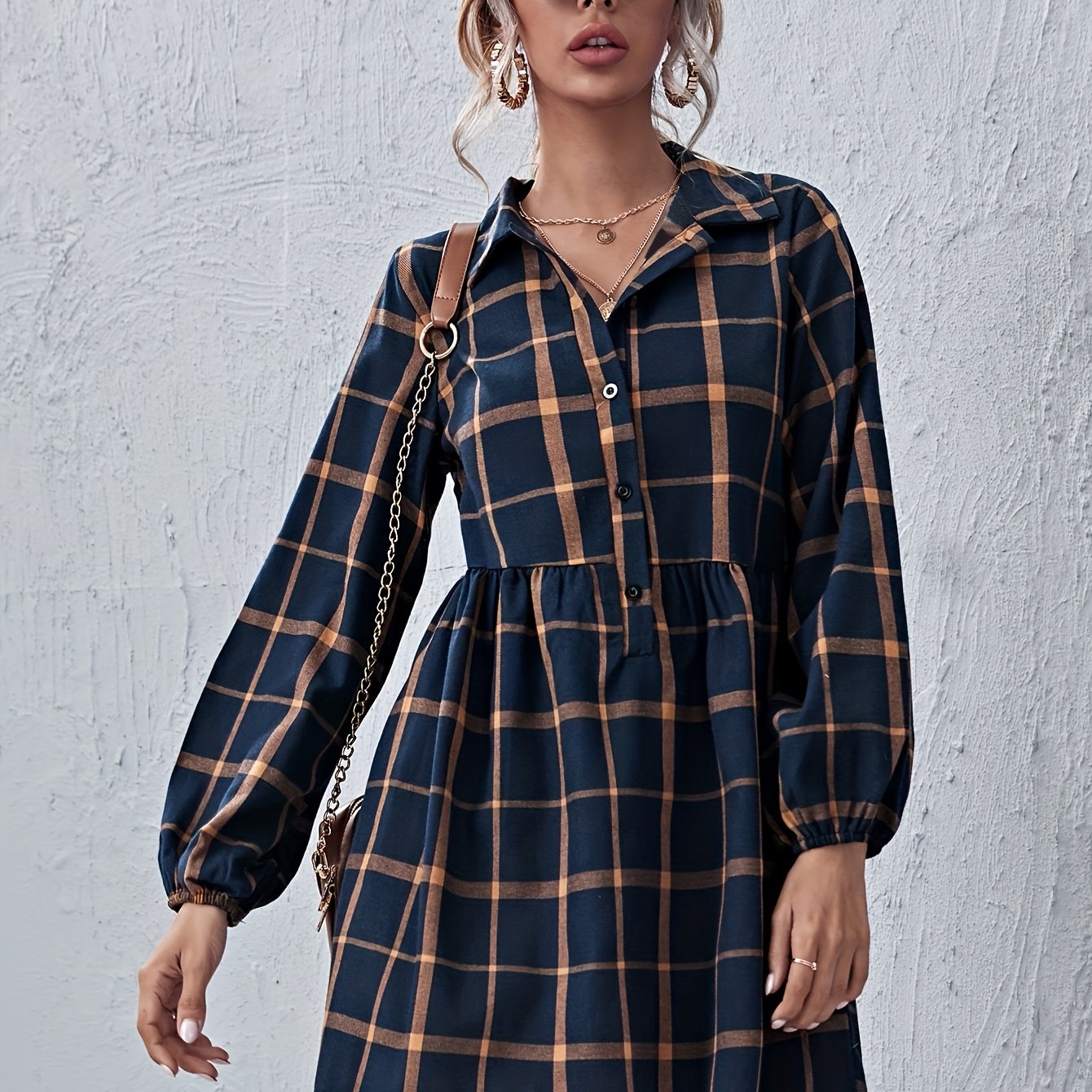 Sixsr Plaid Print Shirt Dress, Elegant Button Long Lantern Sleeve Dress For Spring & Fall, Women's Clothing