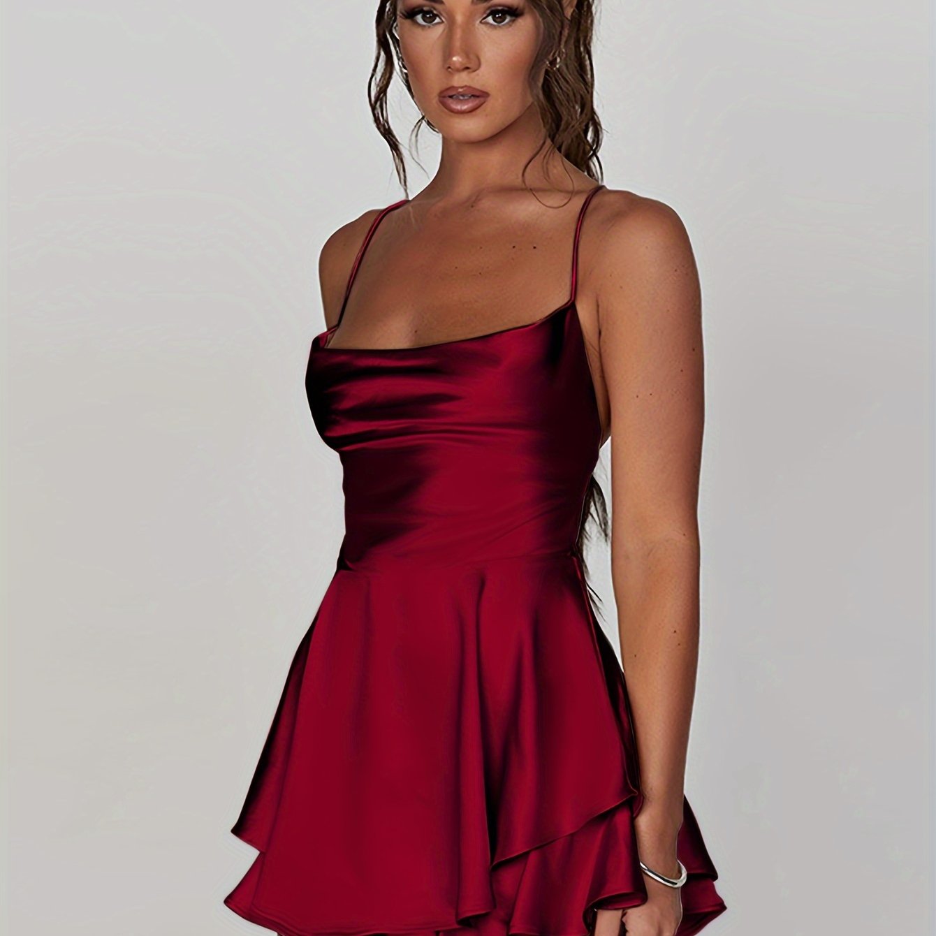 Sixsr Backless Spaghetti Strap Tiered Dress, Stylish Cowl Neck A-line Mini Dress, Women's Clothing