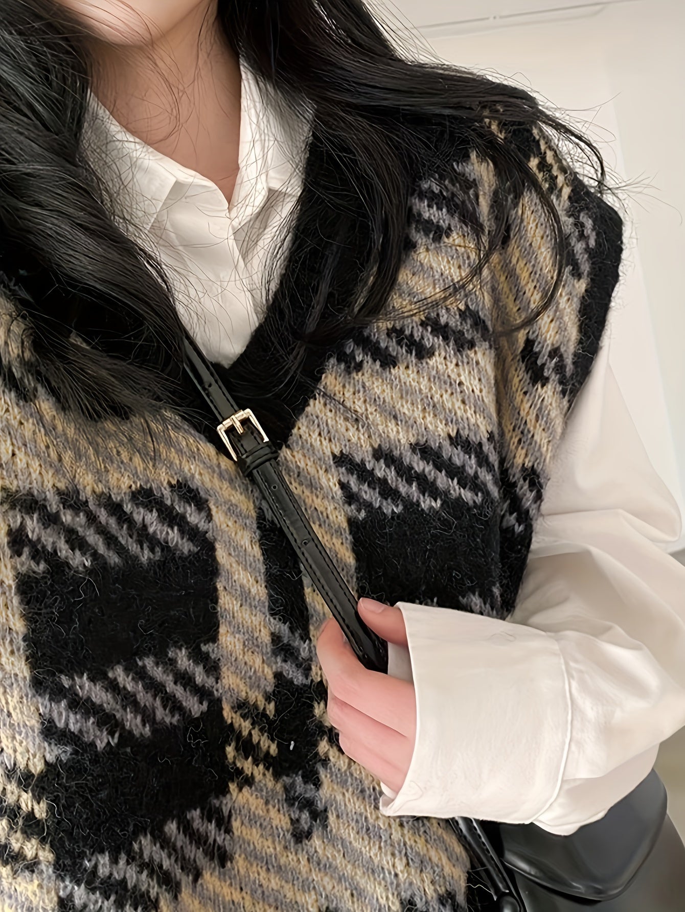 Sixsr Plaid Pattern V Neck Knit Vest, Vintage Long Sleeve Loose Sweater Vest, Women's Clothing