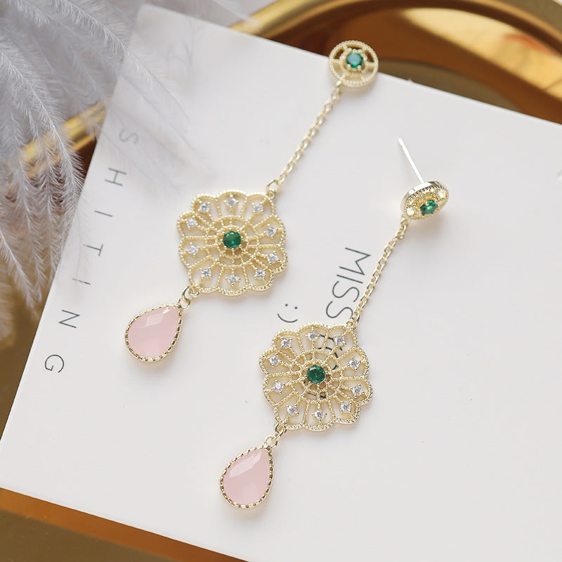 2025 Korean retro geometric earrings temperament creative hollow circle water drop zircon long earrings 925 silver needle earrings