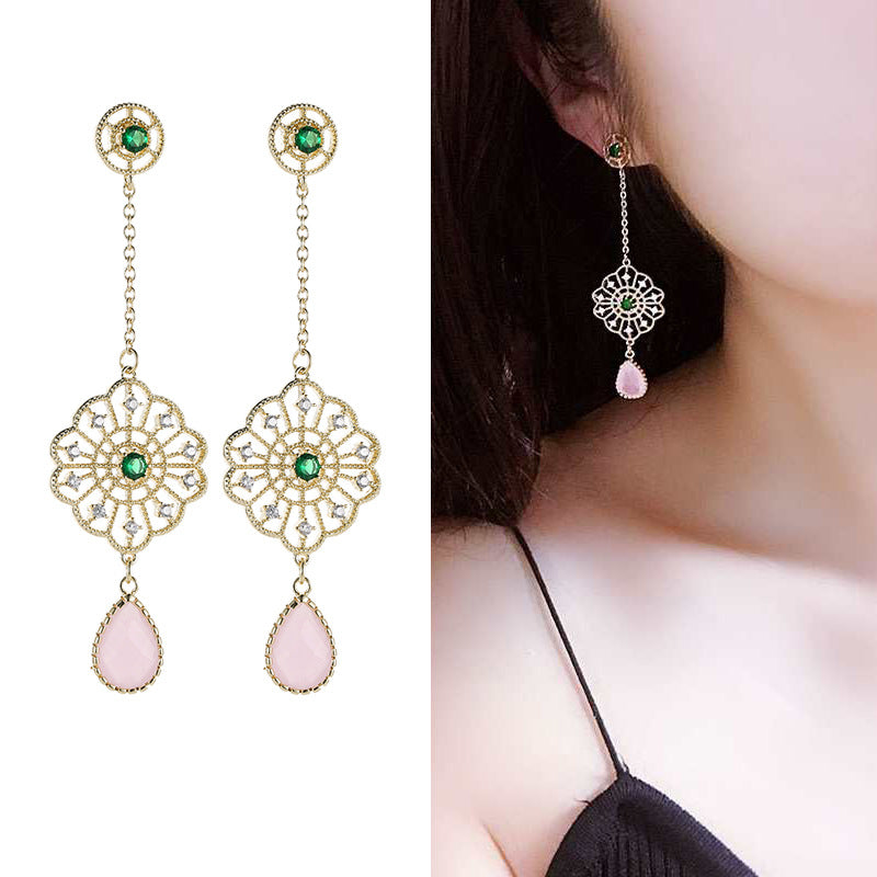 2025 Korean retro geometric earrings temperament creative hollow circle water drop zircon long earrings 925 silver needle earrings