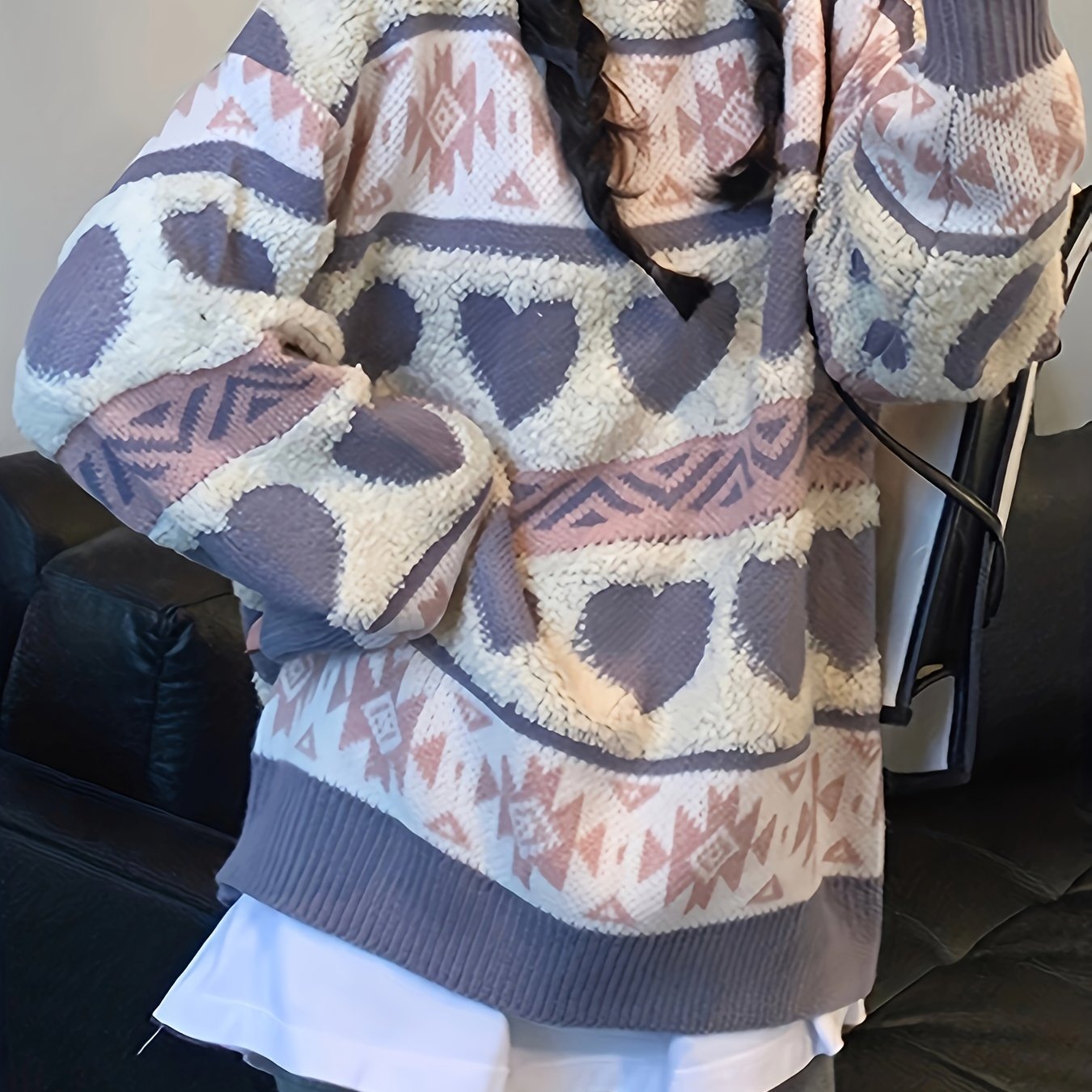 Sixsr Heart Pattern Crew Neck Pullover Sweater, Vintage Long Sleeve Soft Oversized Sweater, Women's Clothing