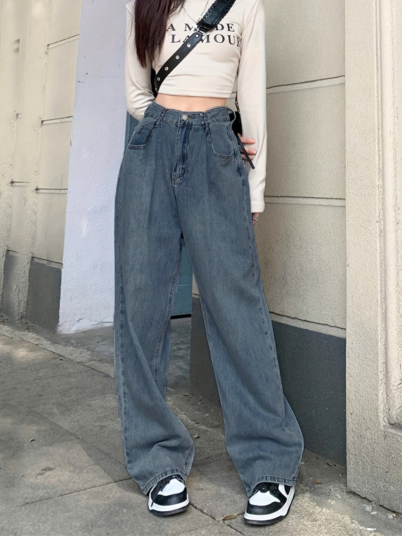 Sixsr Blue Adjustable Buckle Waist Straight Jeans, Loose Fit Slant Pockets High Waist Wide Legs Jeans, Women's Denim Jeans & Clothing
