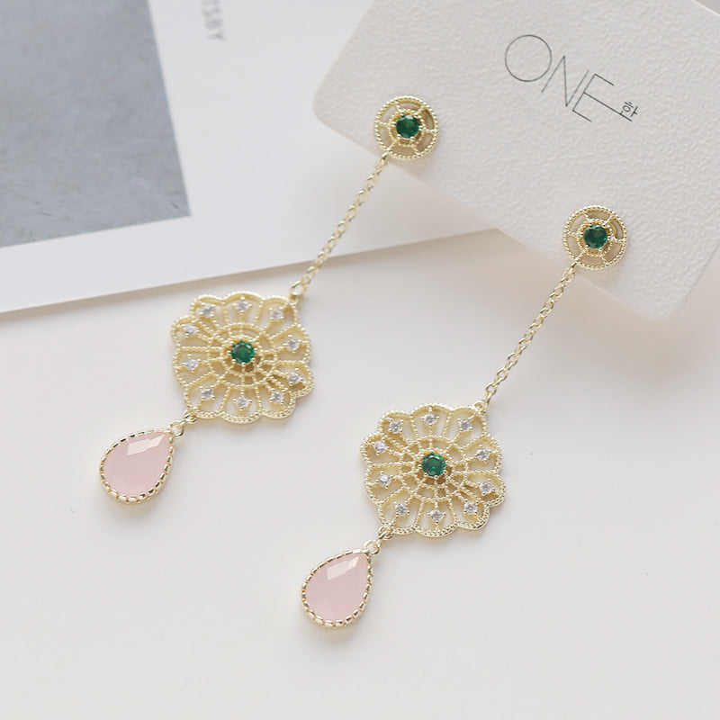 2025 Korean retro geometric earrings temperament creative hollow circle water drop zircon long earrings 925 silver needle earrings