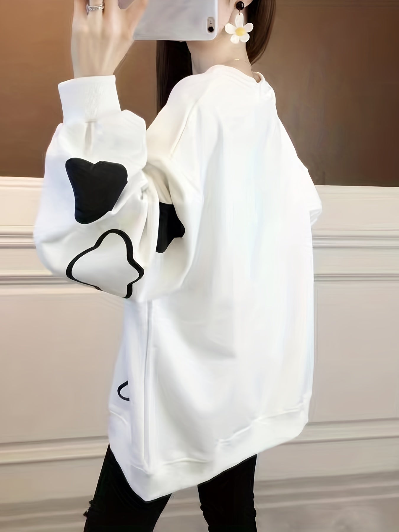 Sixsr Cute Cow Pattern Pullover Sweater, Preppy Long Sleeve Oversized Sweater, Women's Clothing