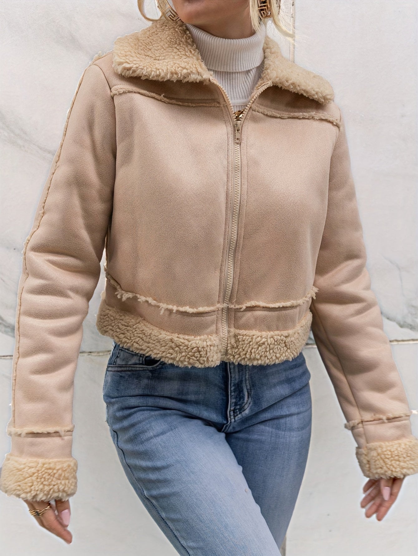 Sixsr Fuzzy Trim Fall & Winter Coat, Casual Zip Up Long Sleeve Outerwear, Women's Clothing