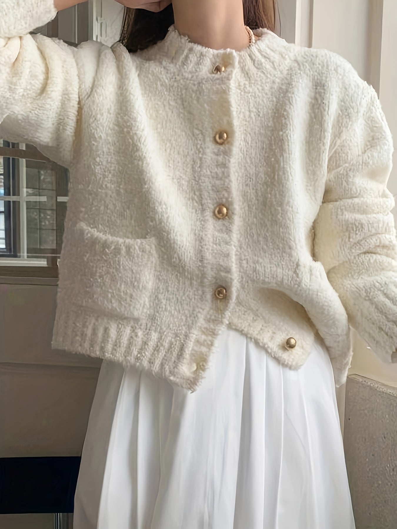 Sixsr Solid Button Down Fuzzy Knit Cardigan, Casual Crew Neck Long Sleeve Thick Sweater, Women's Clothing