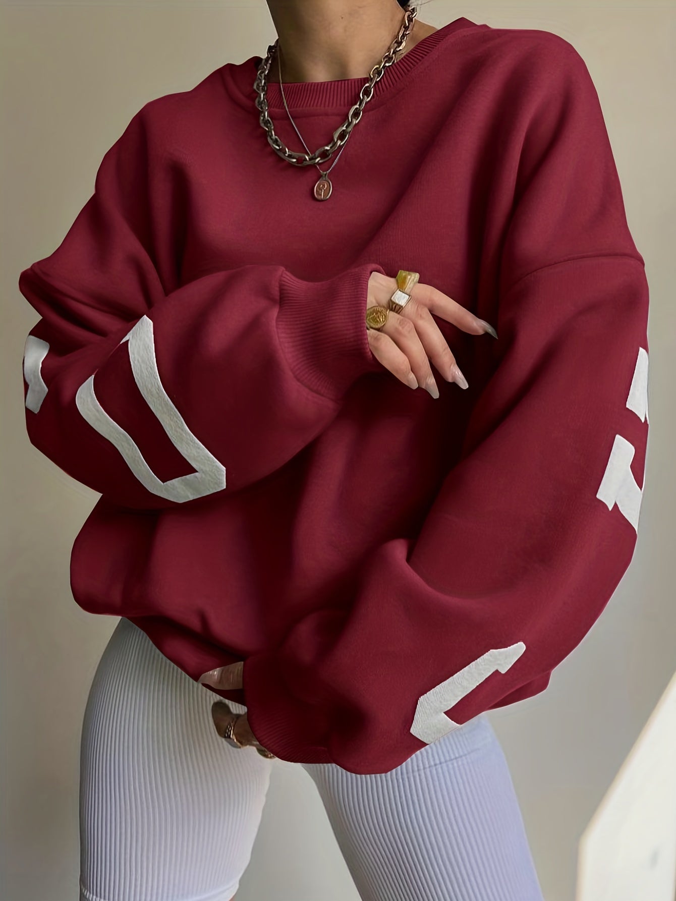 Sixsr Women Oversized Thermal Letter Graphic Print Sweatshirt Aesthetic Crew Neck Long Sleeve Drop Shoulder Pullover