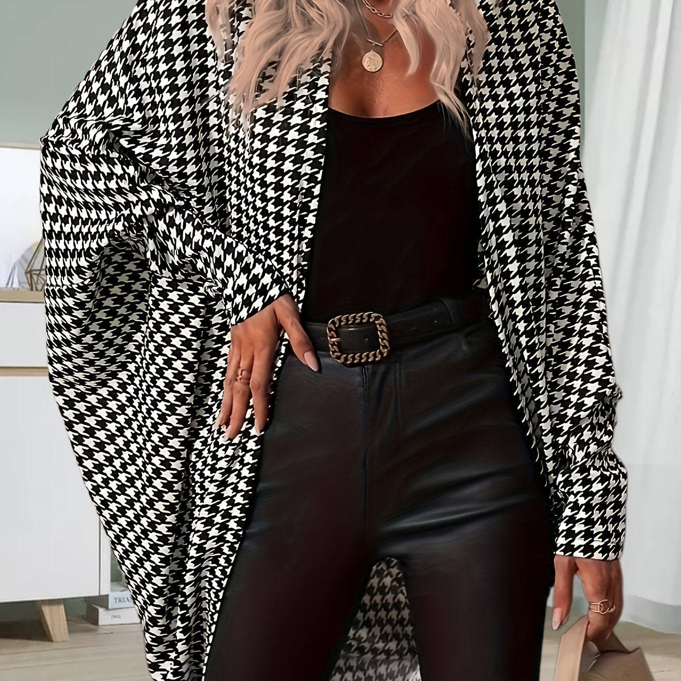 Sixsr Houndstooth Print Open Front Cardigan, Batwing Sleeve Cardigan For Spring & Fall, Women's Clothing