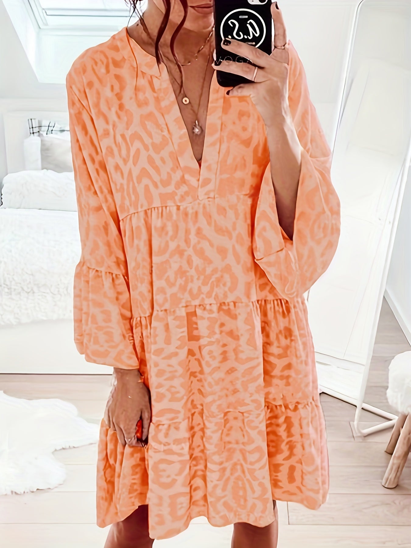 Sixsr Leopard Print Ruffle Hem Dress, Casual V Neck Long Sleeve Dress, Women's Clothing