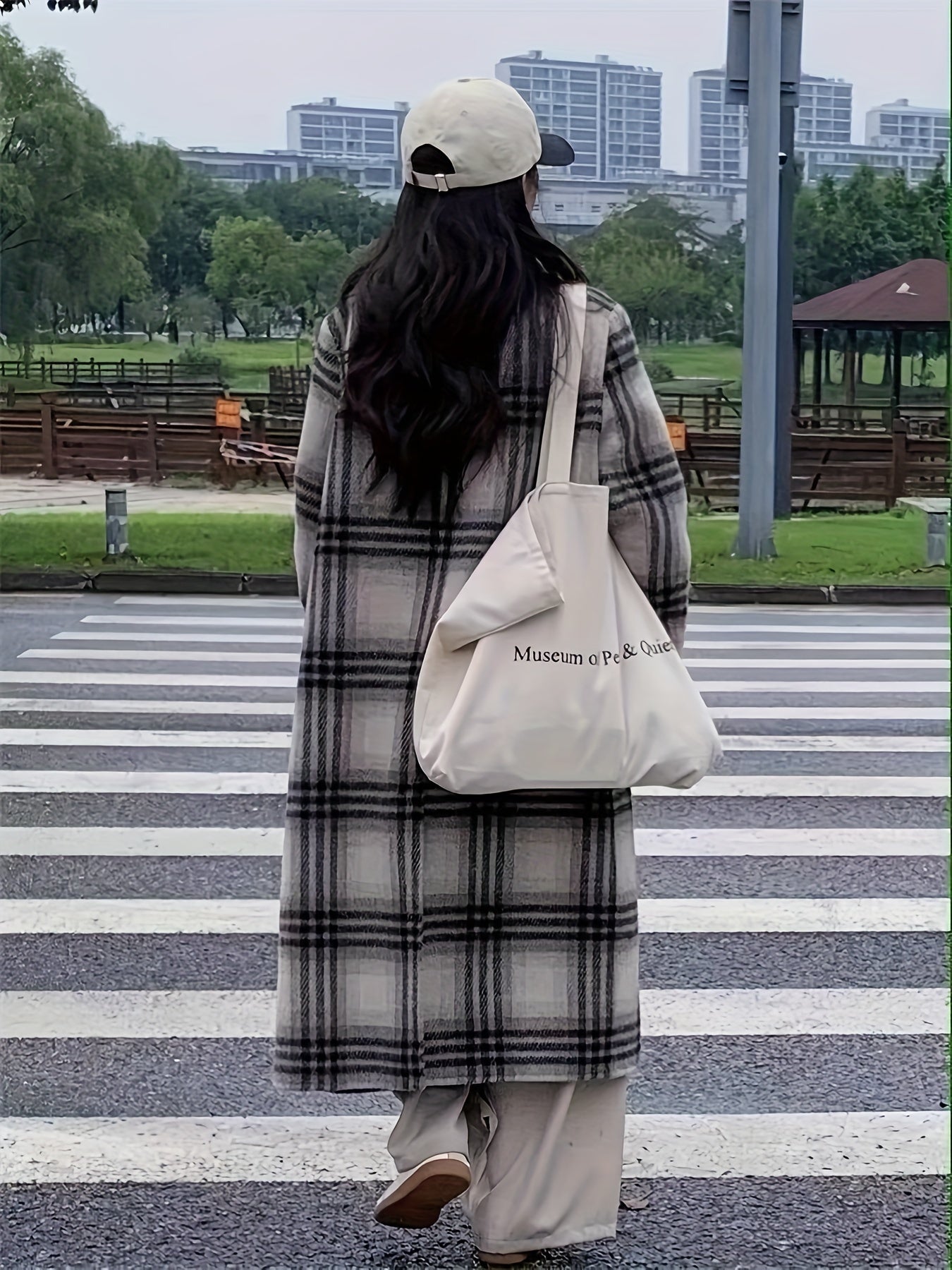 Sixsr Plaid Print Double-breasted Coat, Casual Long Sleeve Notched Collar Coat For Fall & Winter, Women's Clothing