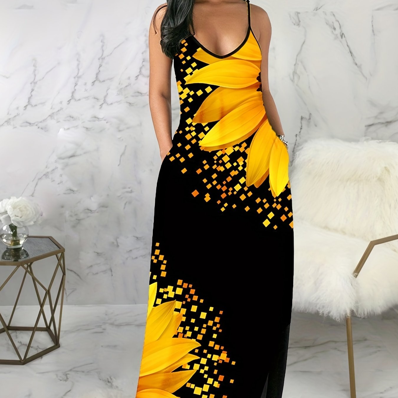 Sixsr Plus Size Casual Dress, Women's Plus Floral Print Cami Maxi Dress With Pockets