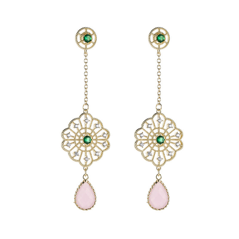 2025 Korean retro geometric earrings temperament creative hollow circle water drop zircon long earrings 925 silver needle earrings