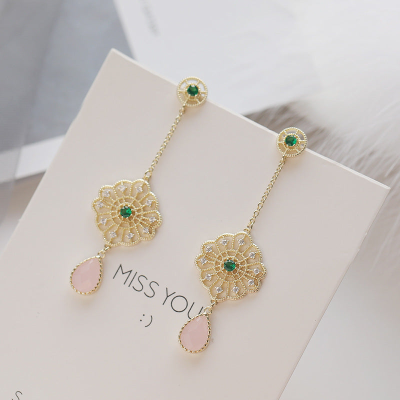 2025 Korean retro geometric earrings temperament creative hollow circle water drop zircon long earrings 925 silver needle earrings