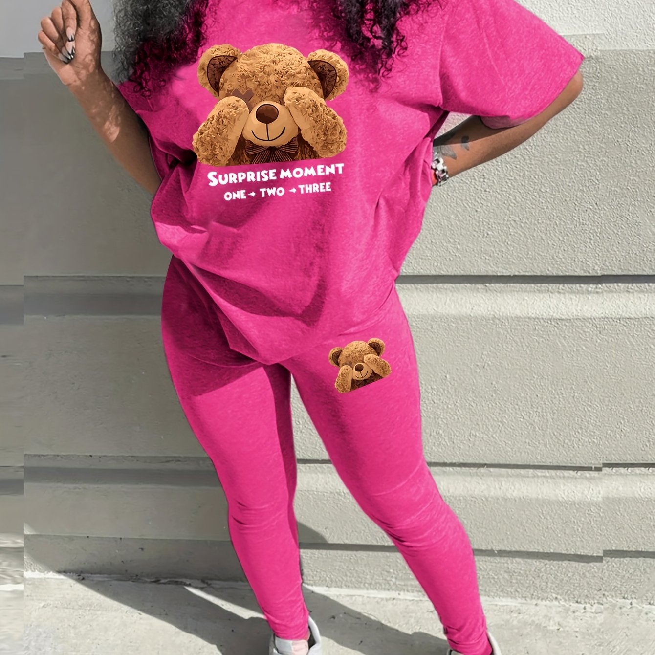 Sixsr Teddy Bear Print Two Piece Set, Short Sleeve T-Shirt & Pants, Women's Clothing