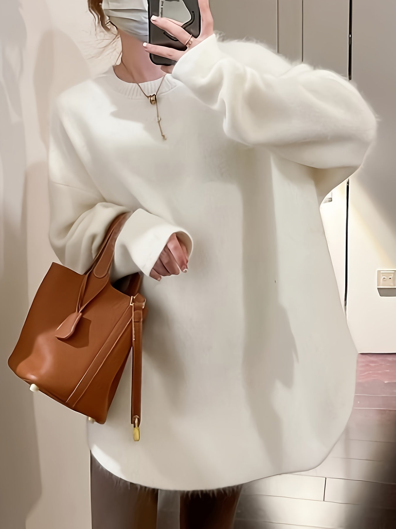 Sixsr Solid Crew Neck Pullover Sweater, Casual Split Long Sleeve Oversized Sweater, Women's Clothing