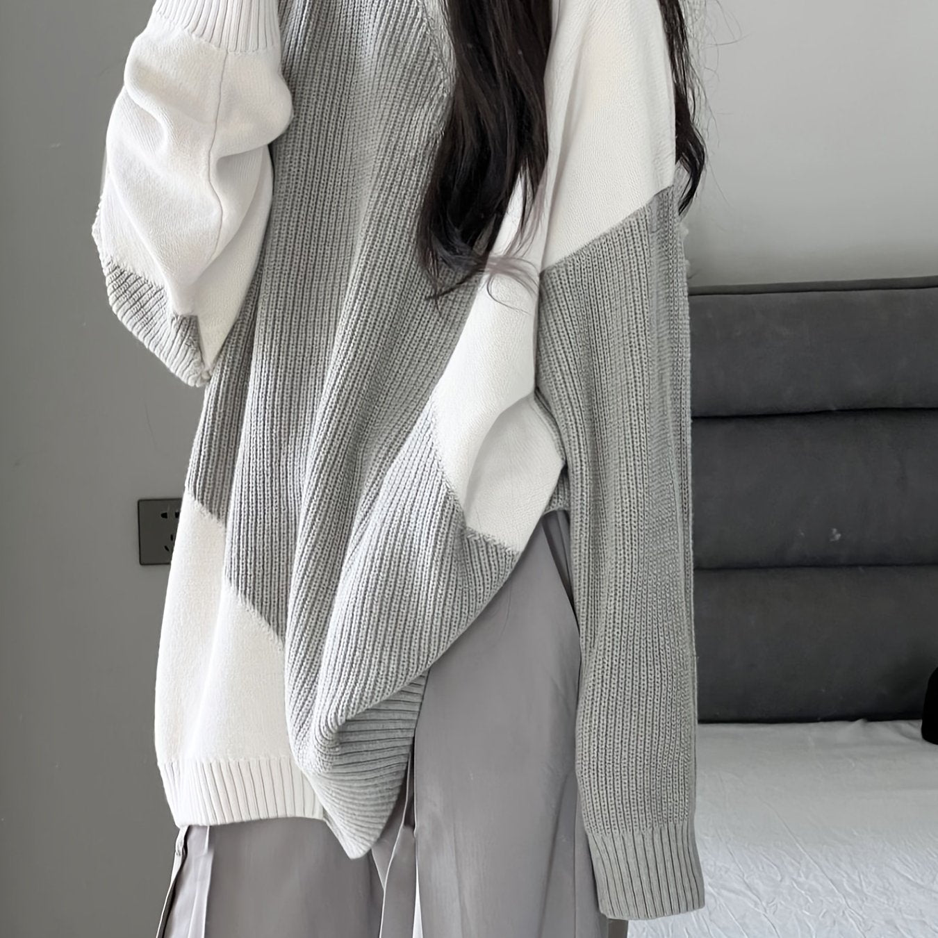Sixsr Color Block Oversized Pullover Sweater, Casual Crew Neck Long Sleeve Sweater, Women's Clothing