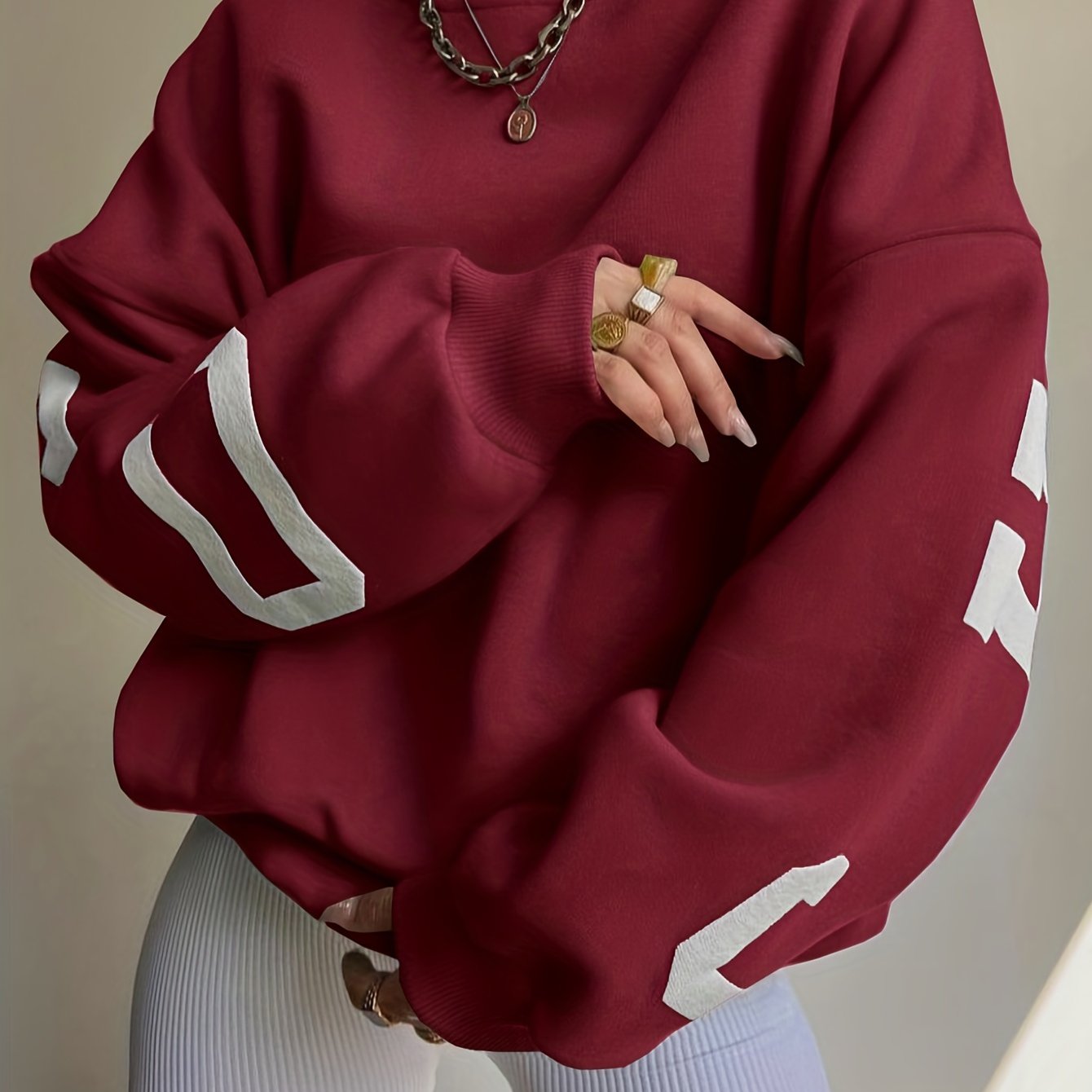Sixsr Women Oversized Thermal Letter Graphic Print Sweatshirt Aesthetic Crew Neck Long Sleeve Drop Shoulder Pullover
