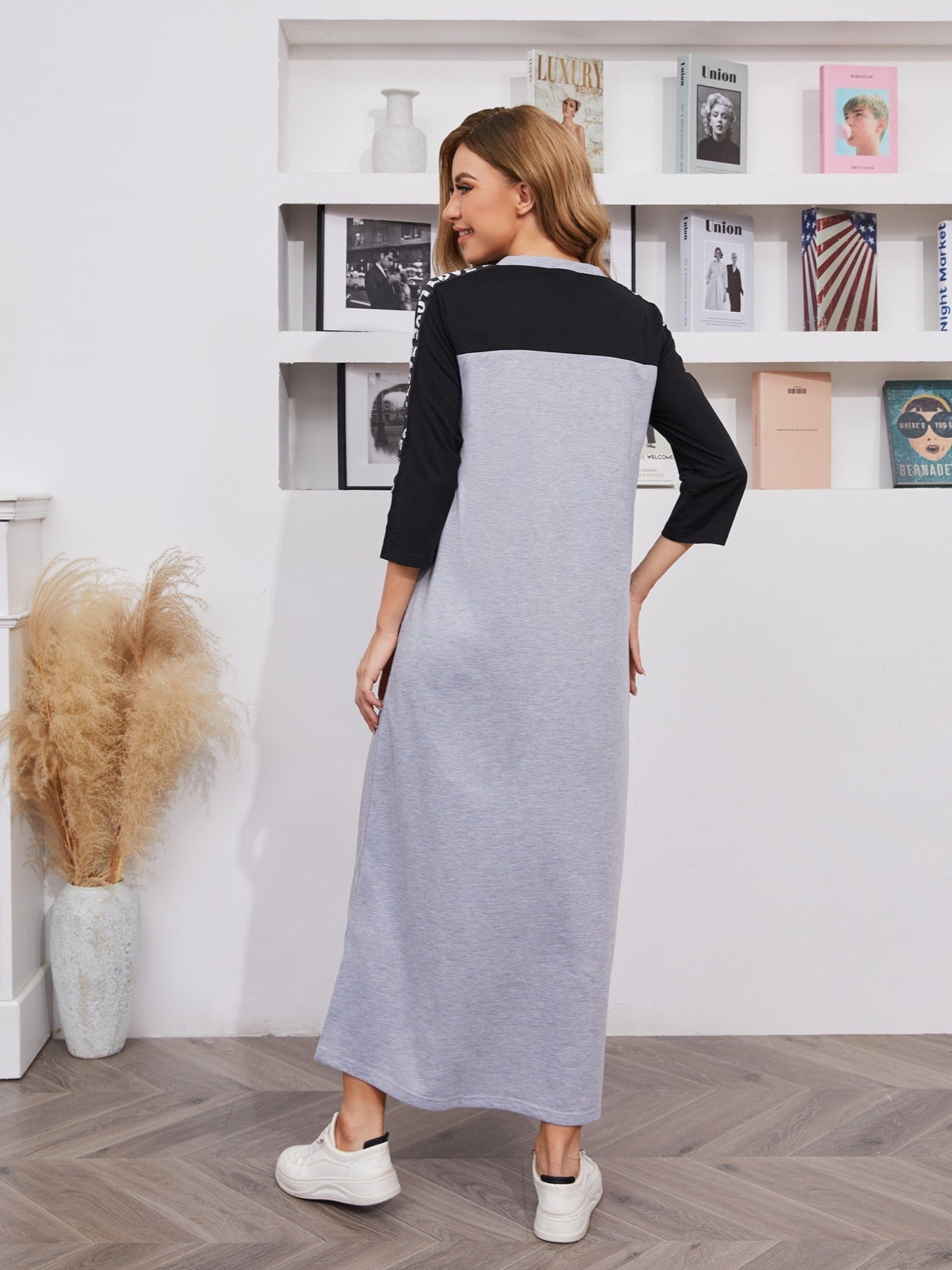 Sixsr Women's Dresses Color Block Crew Neck Drawstring Dresses