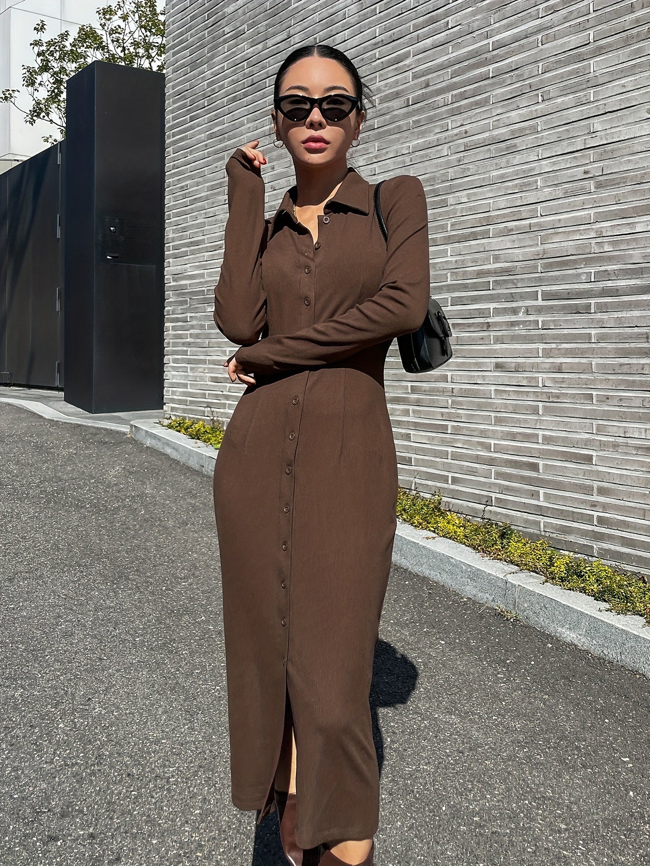 Sixsr Solid Simple Dress, Casual Button Front Long Sleeve Maxi Dress, Women's Clothing