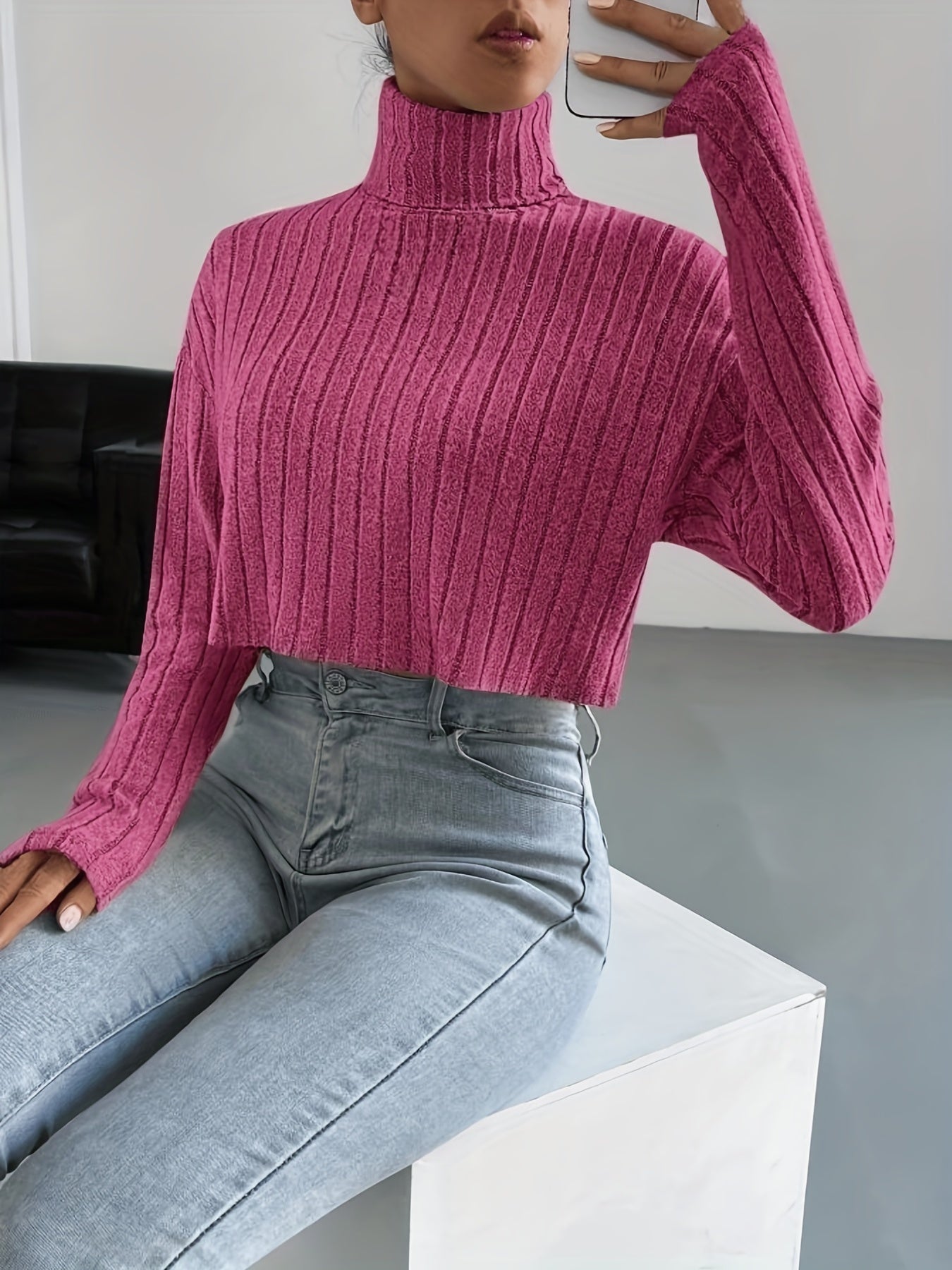 Sixsr Solid Ribbed Turtleneck Crop T-Shirt, Casual Long Sleeve Top For Spring & Fall, Women's Clothing