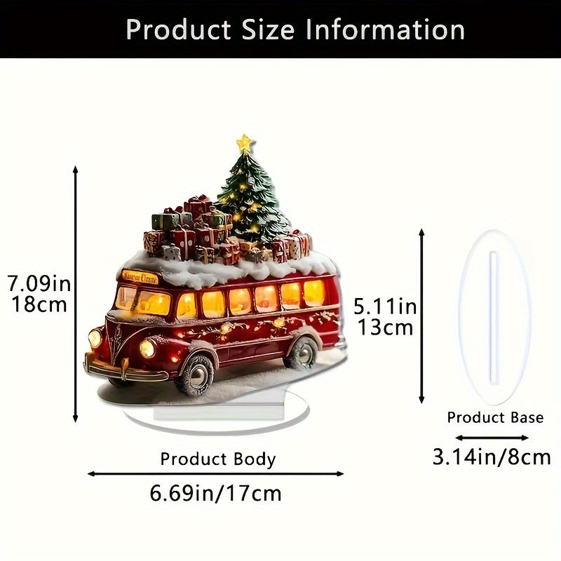 1pc Classic Christmas Bus Tabletop Decor with Lighted Tree and Gifts - Polypropylene Double-Sided Print, Festive Holiday Ornament for Home, Bedroom, Dining Table, Multipurpose Christmas Decoration
