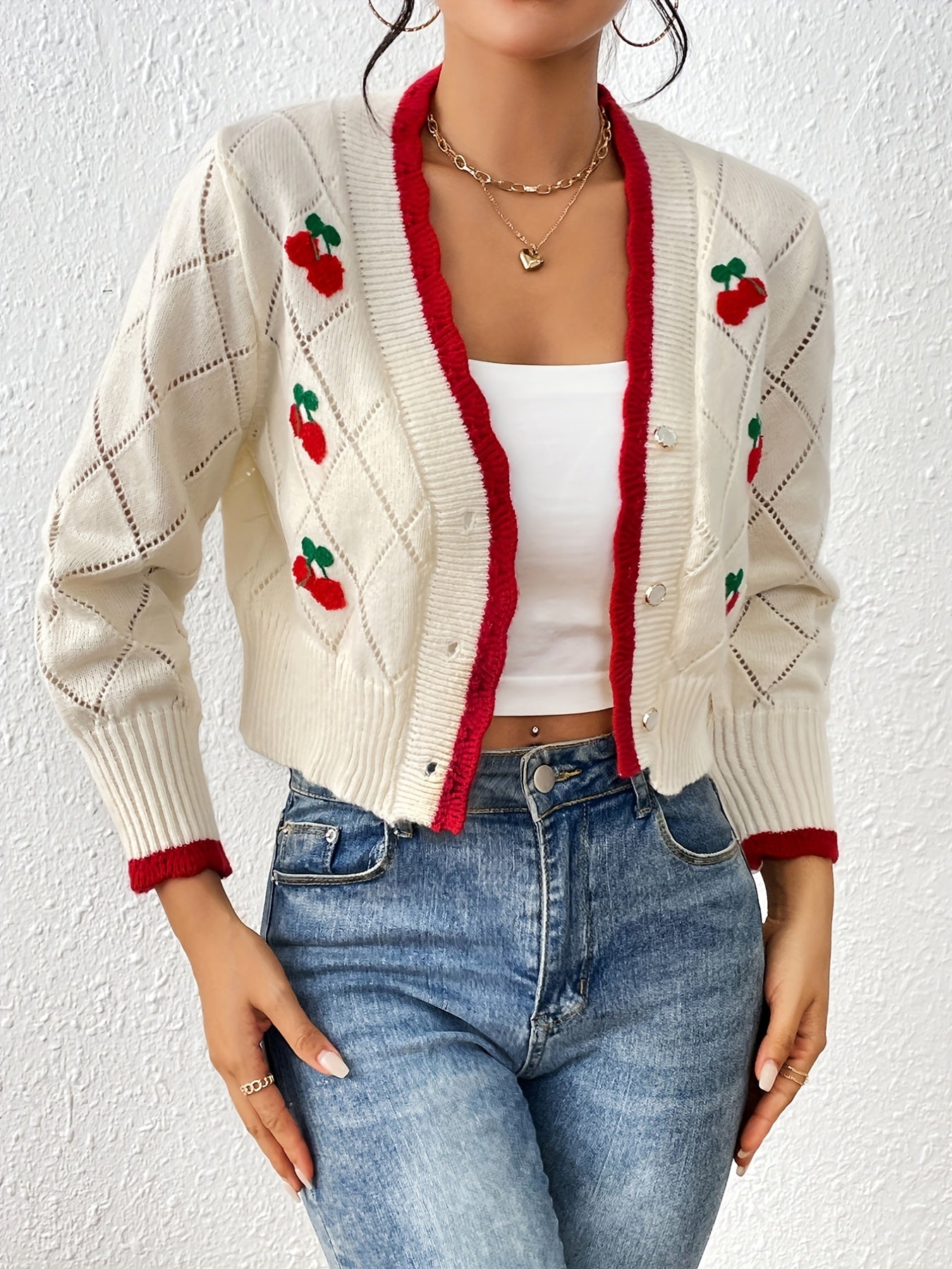 Sixsr Cherry Pattern Button Down Pointelle Knit Cardigan, Casual Long Sleeve Crop Sweater, Women's Clothing