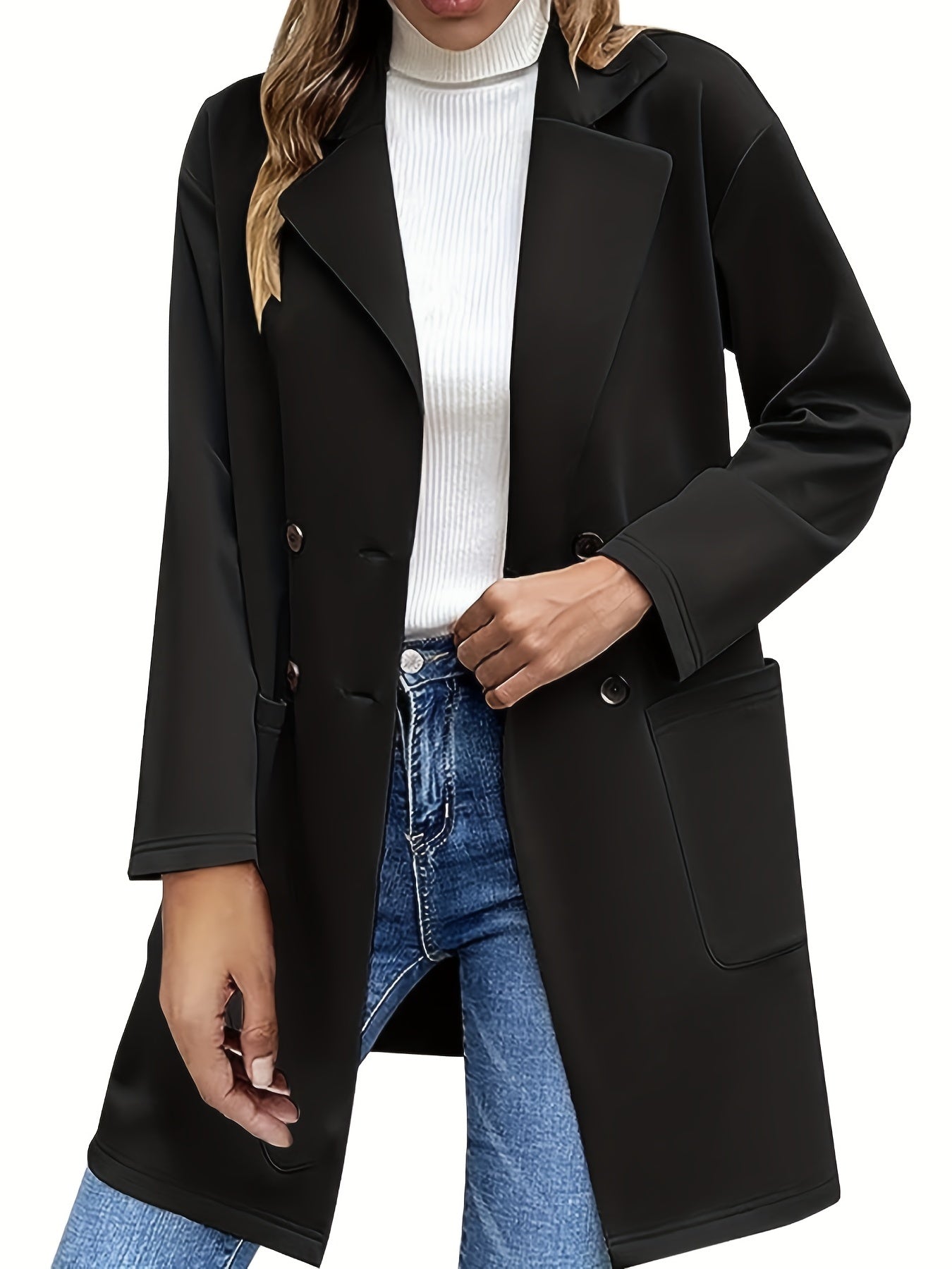 Sixsr Plus Size Casual Coat, Women's Plus Solid Long Sleeve Double Breasted Lapel Collar Coat With Pockets