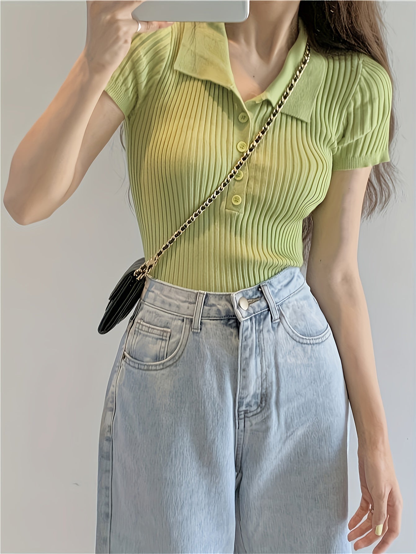 Sixsr Button Front V Neck Knit Sweater, Elegant Short Sleeve Slim Summer Knit Sweater, Women's Clothing